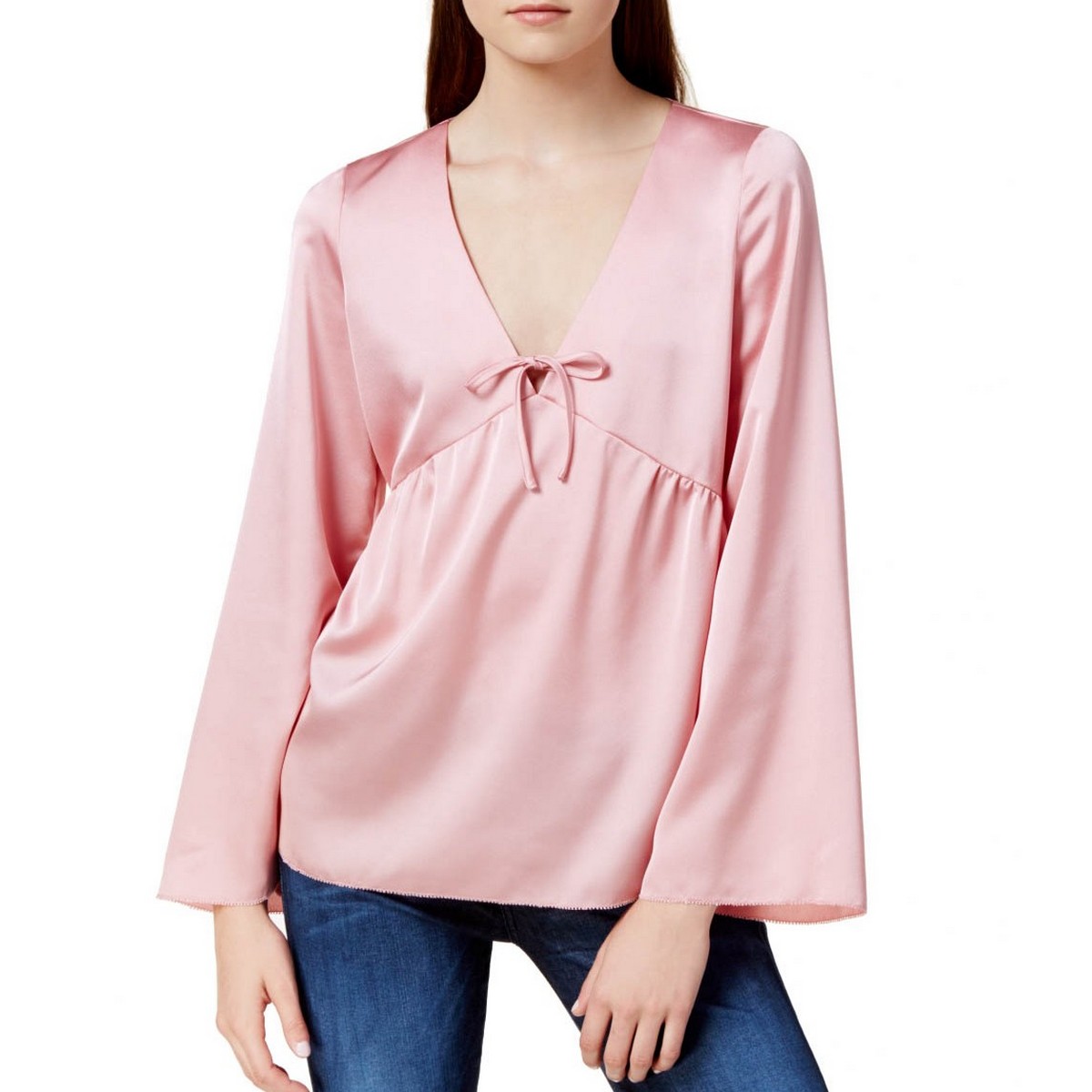 KENSIE NEW Women's Satin V-neck Bell Sleeve Blouse Shirt Top TEDO - Picture 3 of 3