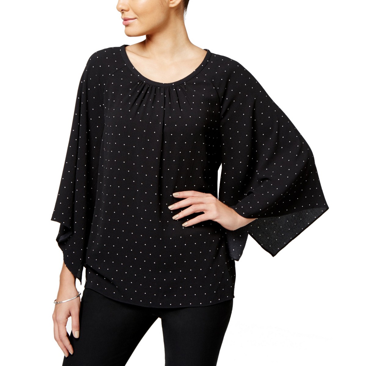 VINCE-CAMUTO-Women-039-s-Black-Polka-Dot-Pleated-Neckline-Blouse-Shirt-Top-TEDO