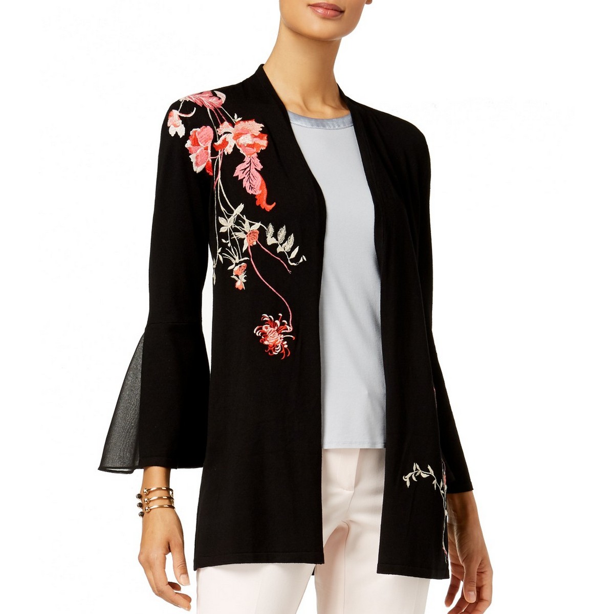 ALFANI NEW Women's Black Embroidered Bell Sleeve Cardigan Sweater Top XS TEDO | eBay