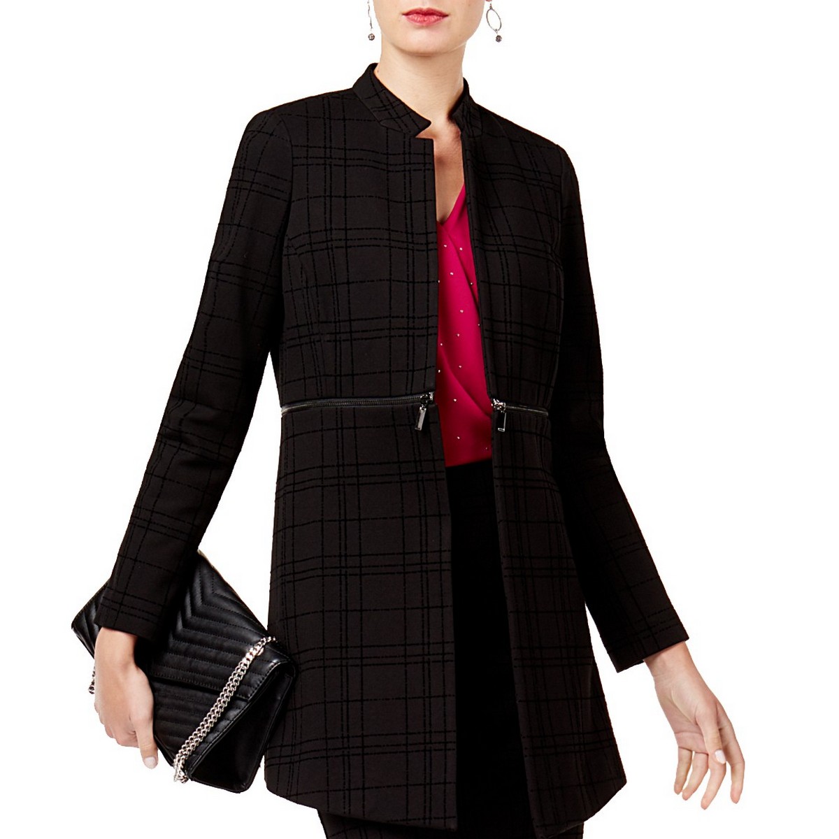 Alfani Women's Coat Black Size 6 Notch Collar Zip Trim Grid Fly Away