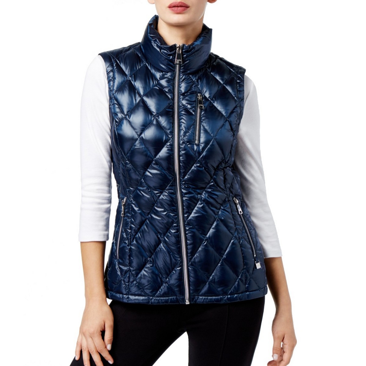 CALVIN KLEIN NEW Women's Navy Metallic Quilted Vest Jacket Top XL TEDO ...