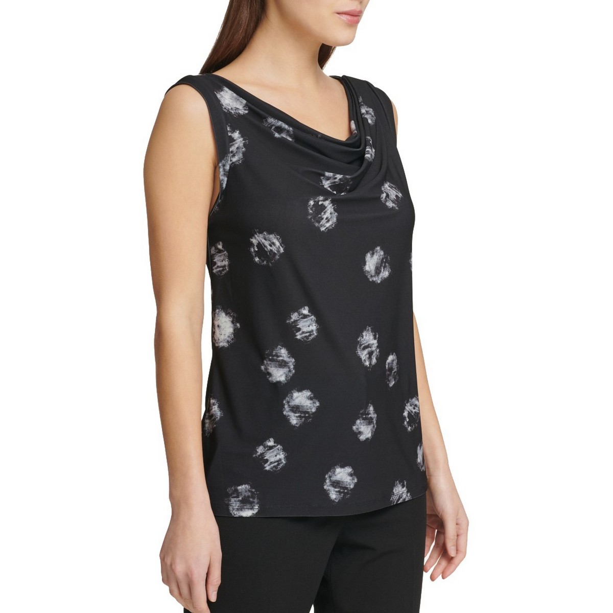 DKNY NEW Women's Black Sleeveless Printed Cowl-neck Blouse Shirt Top L TEDO