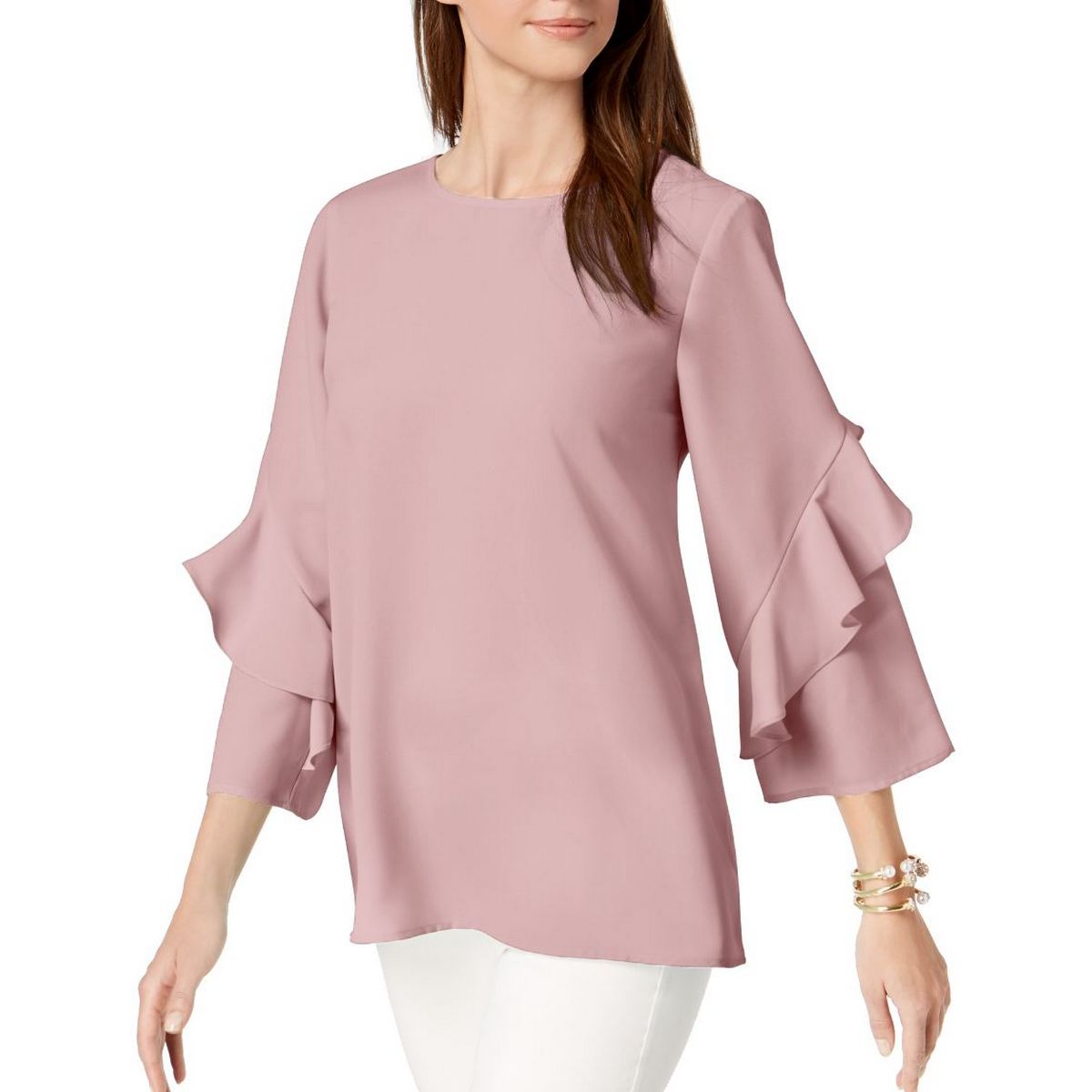 Alfani Womens Pink Ruffled Sleeves Zip Back Daytime Blouse Top XL 