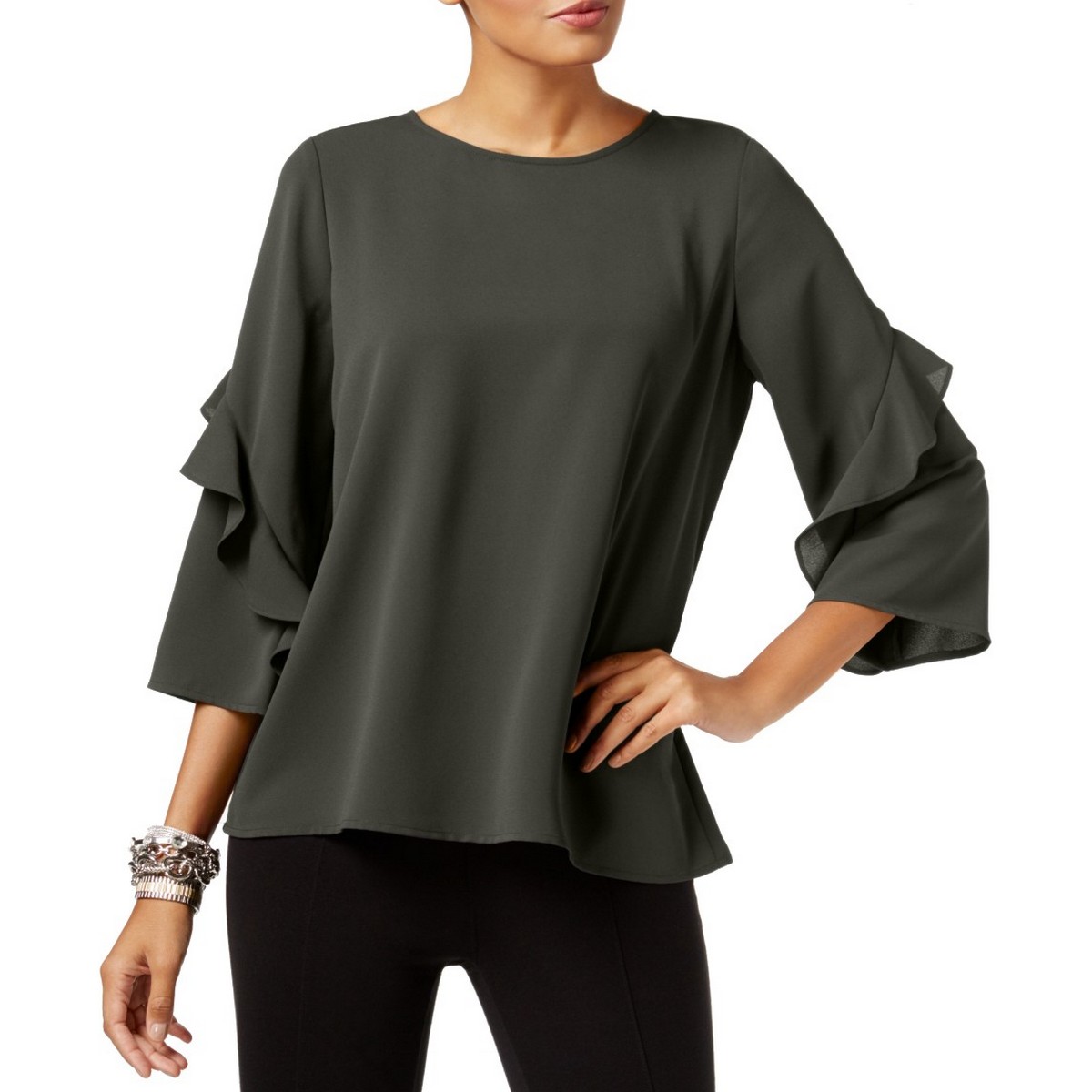 ALFANI Women's Ruffled-sleeve Zip-back Blouse Shirt Top TEDO