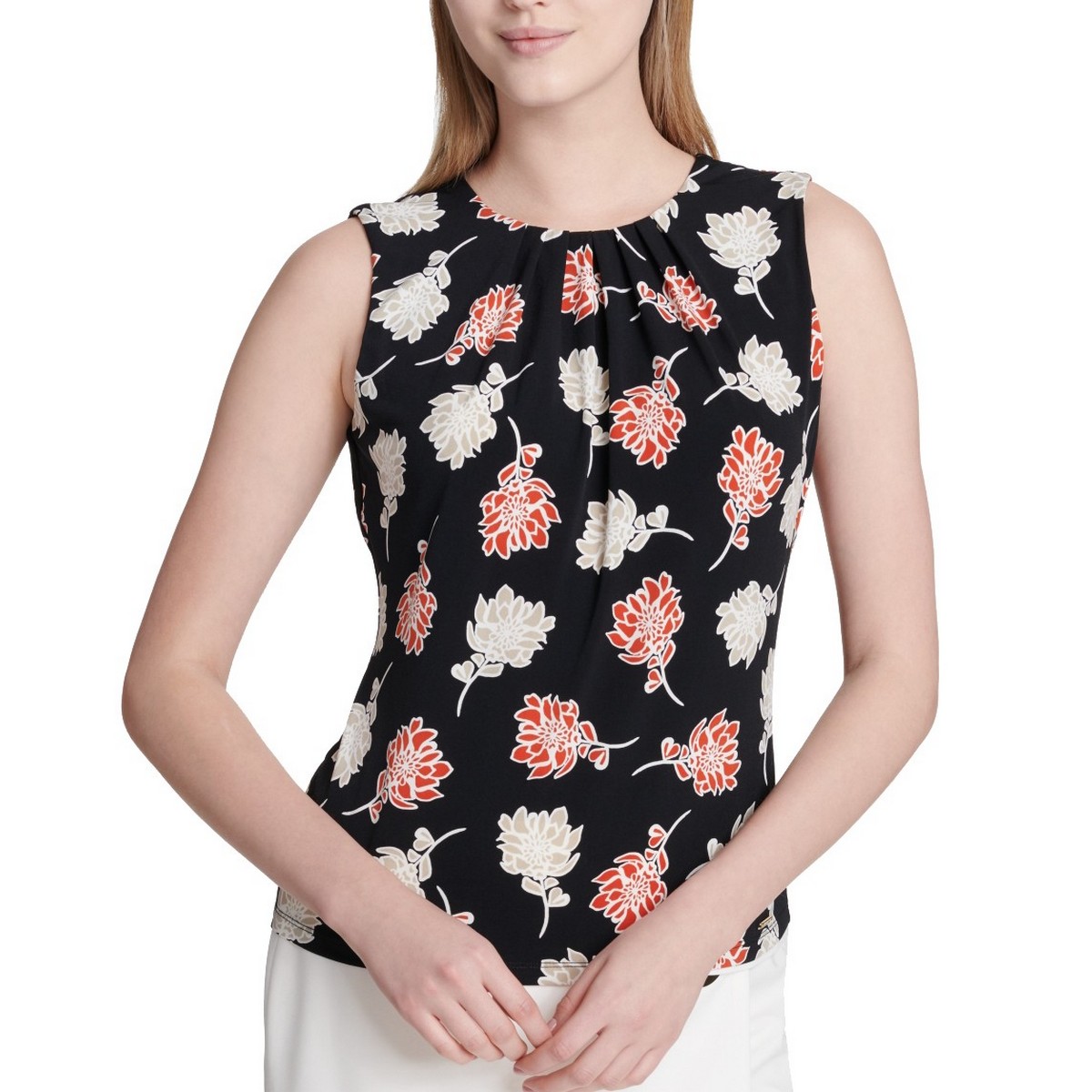 CALVIN KLEIN NEW Women's Sleeveless Pleated Floral-print Blouse Shirt ...