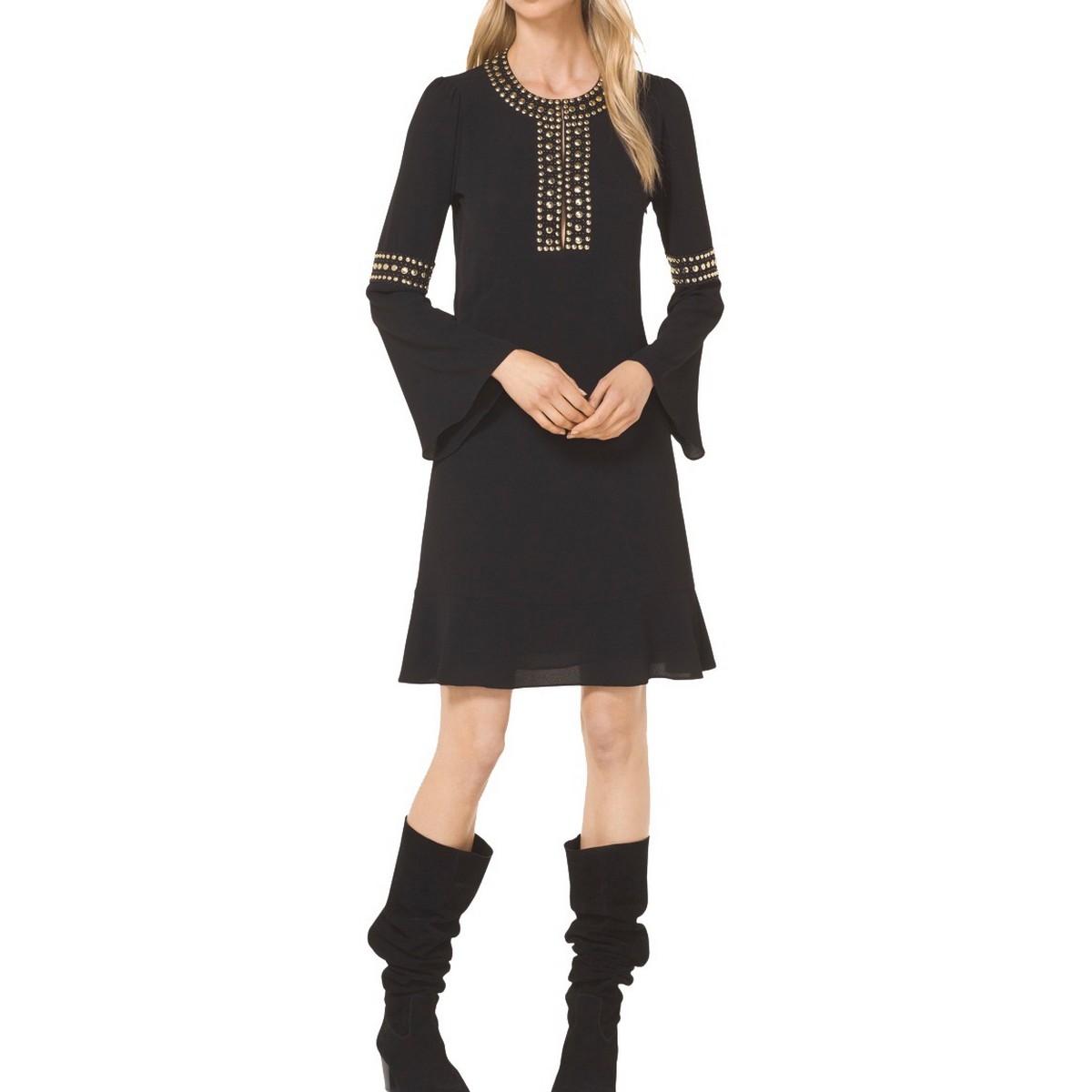 MICHAEL KORS NEW Women's Black Studded Bell-sleeve Crepe A-Line