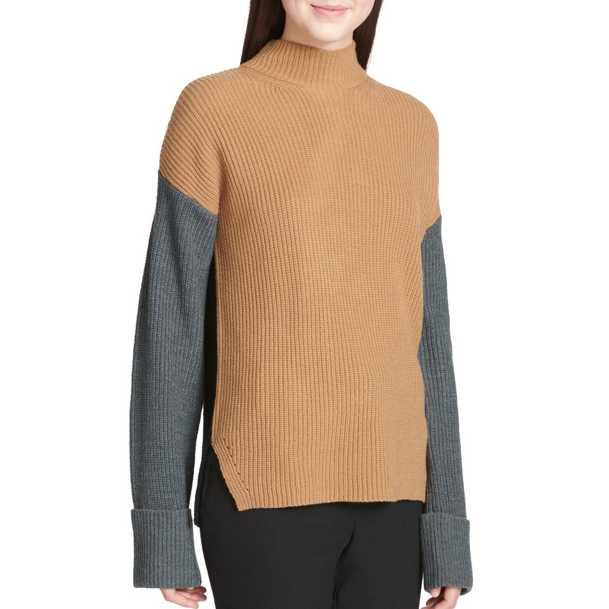 CALVIN KLEIN NEW Women's Brown Vicuna Color-block Mock Neck Sweater Top ...
