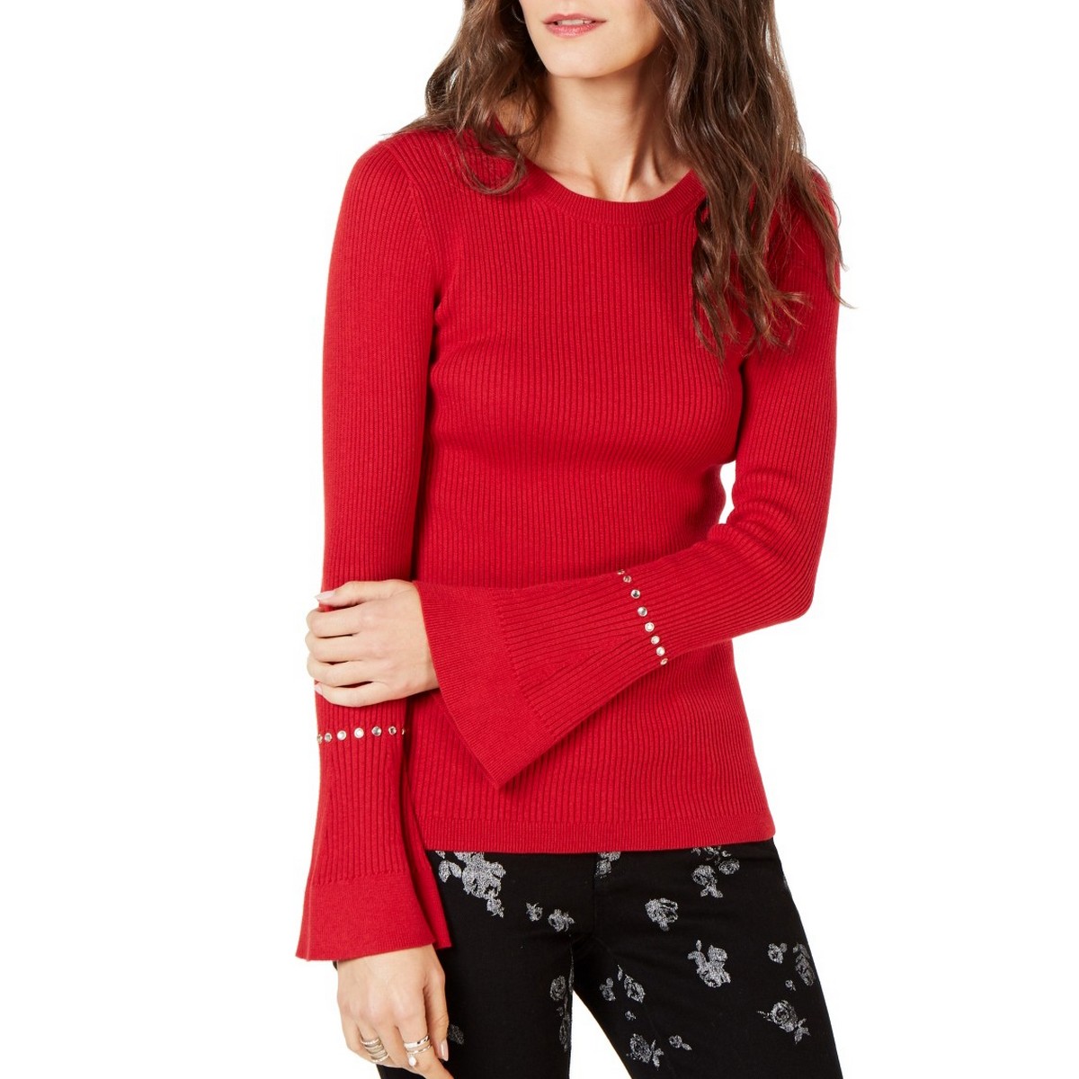 MICHAEL KORS Women's Red Currant Ribbed Rhinestone Crewneck Sweater Top ...