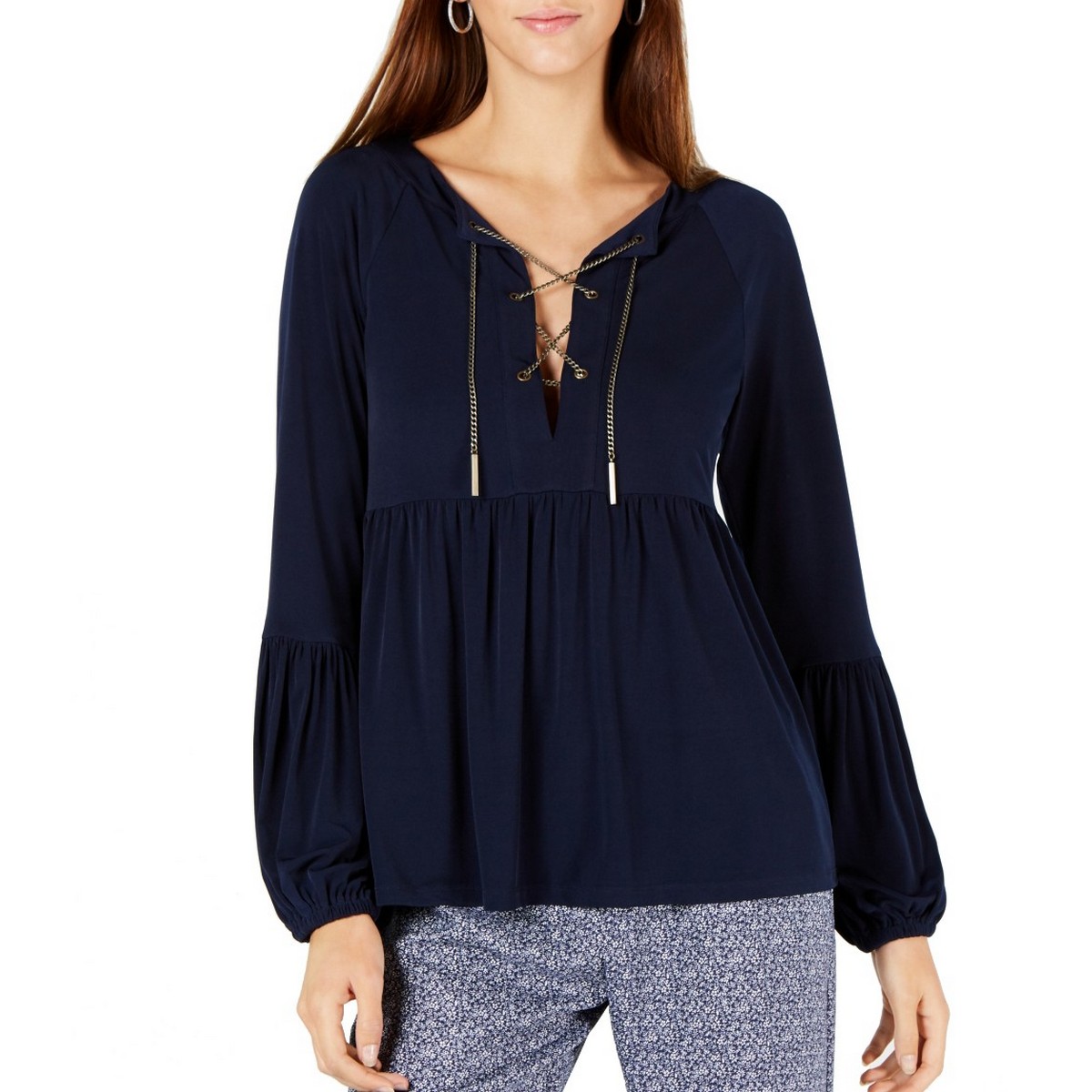 MICHAEL KORS NEW Women's Navy Chain Lace-up Peasant Blouse Shirt Top XXS  TEDO 192877186311 | eBay