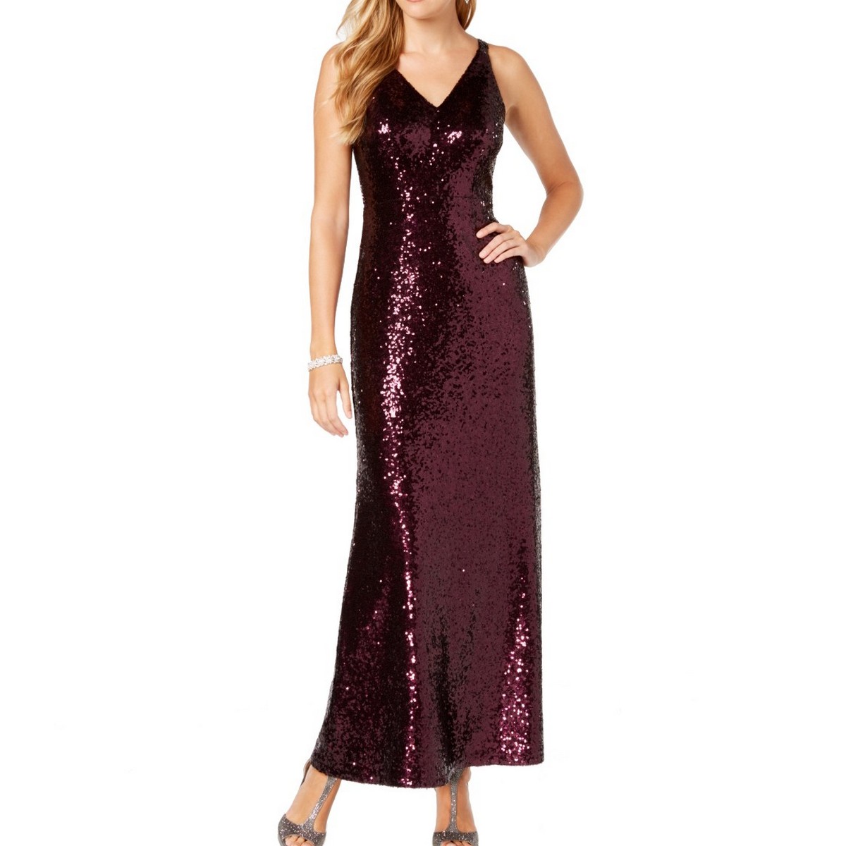 NIGHT WAY NEW Women's Mulberry Sequined V-neck Evening Ball Gown Dress ...