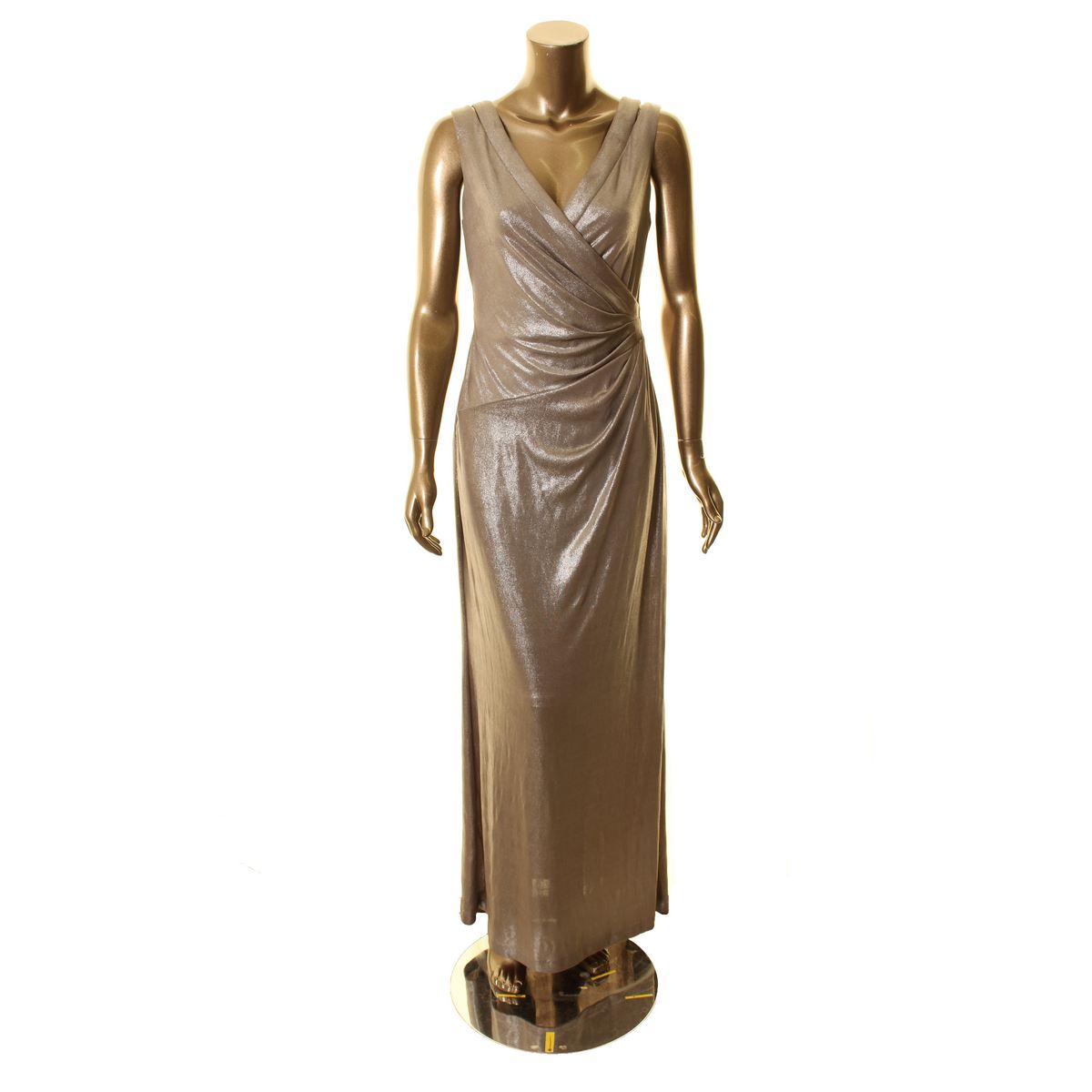 LAUREN RALPH LAUREN Women's Silver Metallic Ruched Evening Gown Dress ...