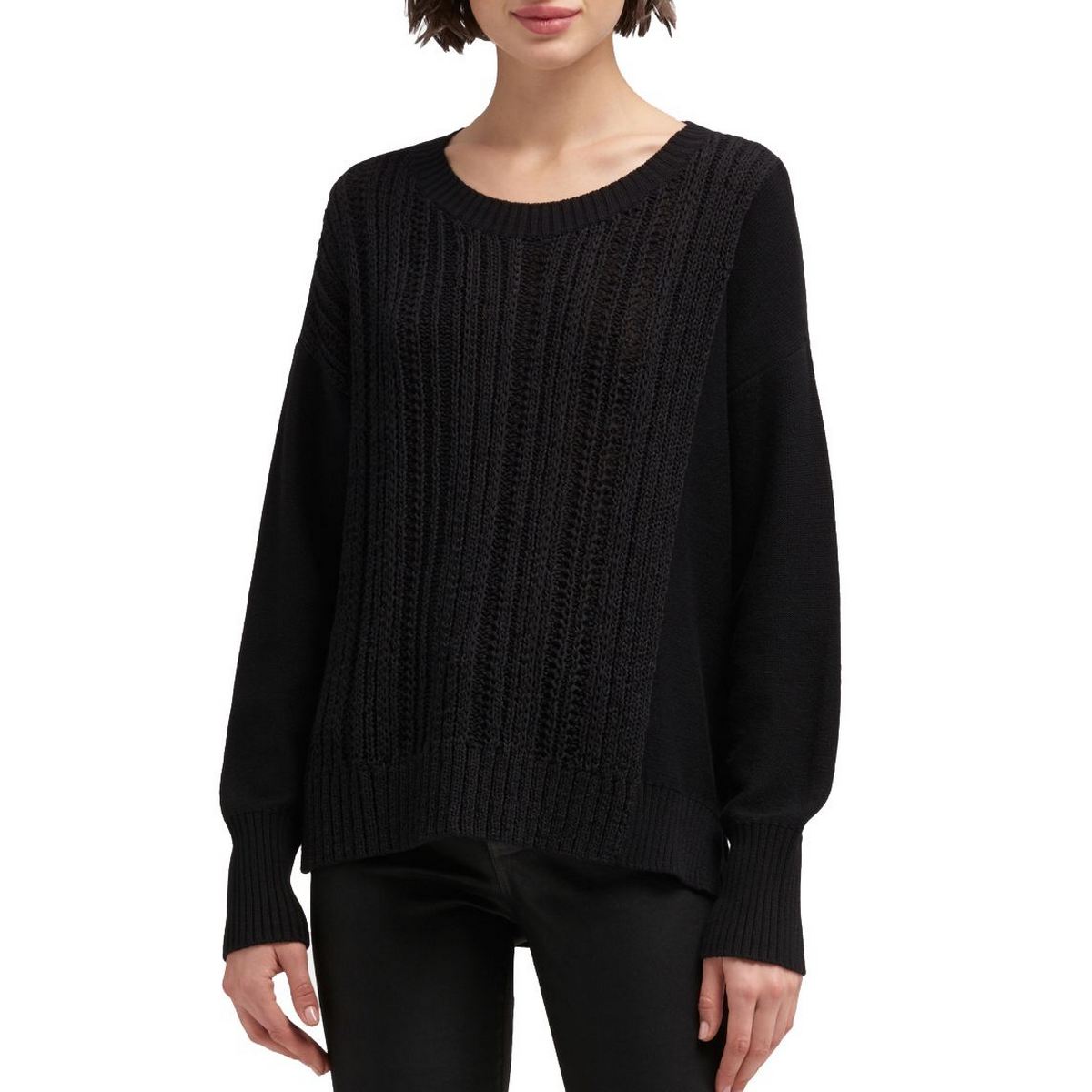 DKNY NEW Women's Open-mixed-knit Hi-low Crewneck Sweater Top TEDO