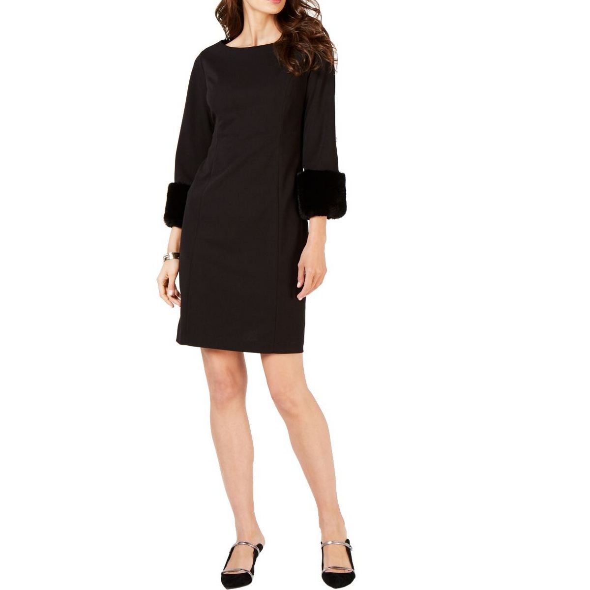 ALFANI NEW Women's Black Solid Fauxfurtrimmed Cuff Crepe Shift Dress