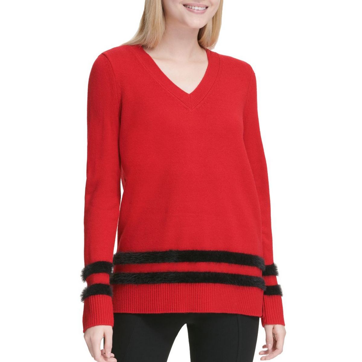 CALVIN KLEIN NEW Women's Red Faux Fur Striped V-Neck Sweater Top L TEDO ...