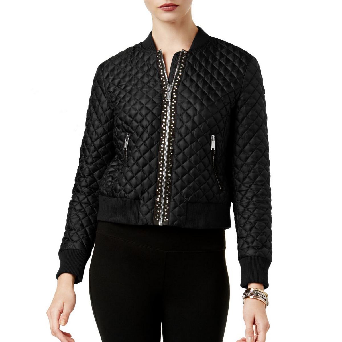 MICHAEL KORS NEW Women's Black Embellished Quilted Bomber Jacket Top XL ...