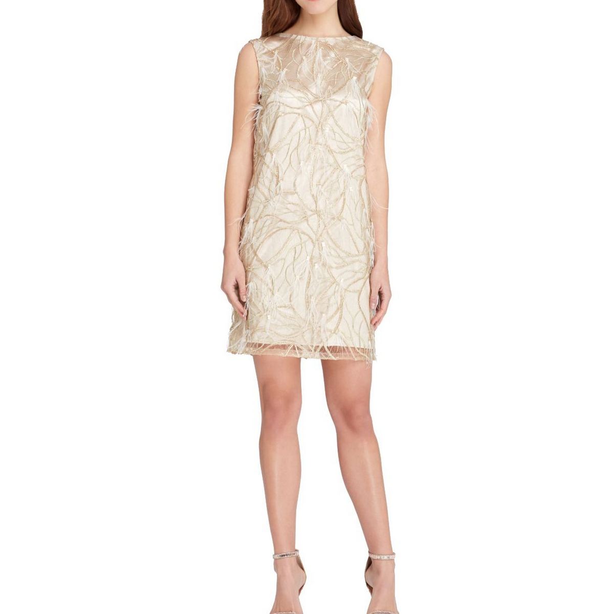 tahari feather trim sheath dress