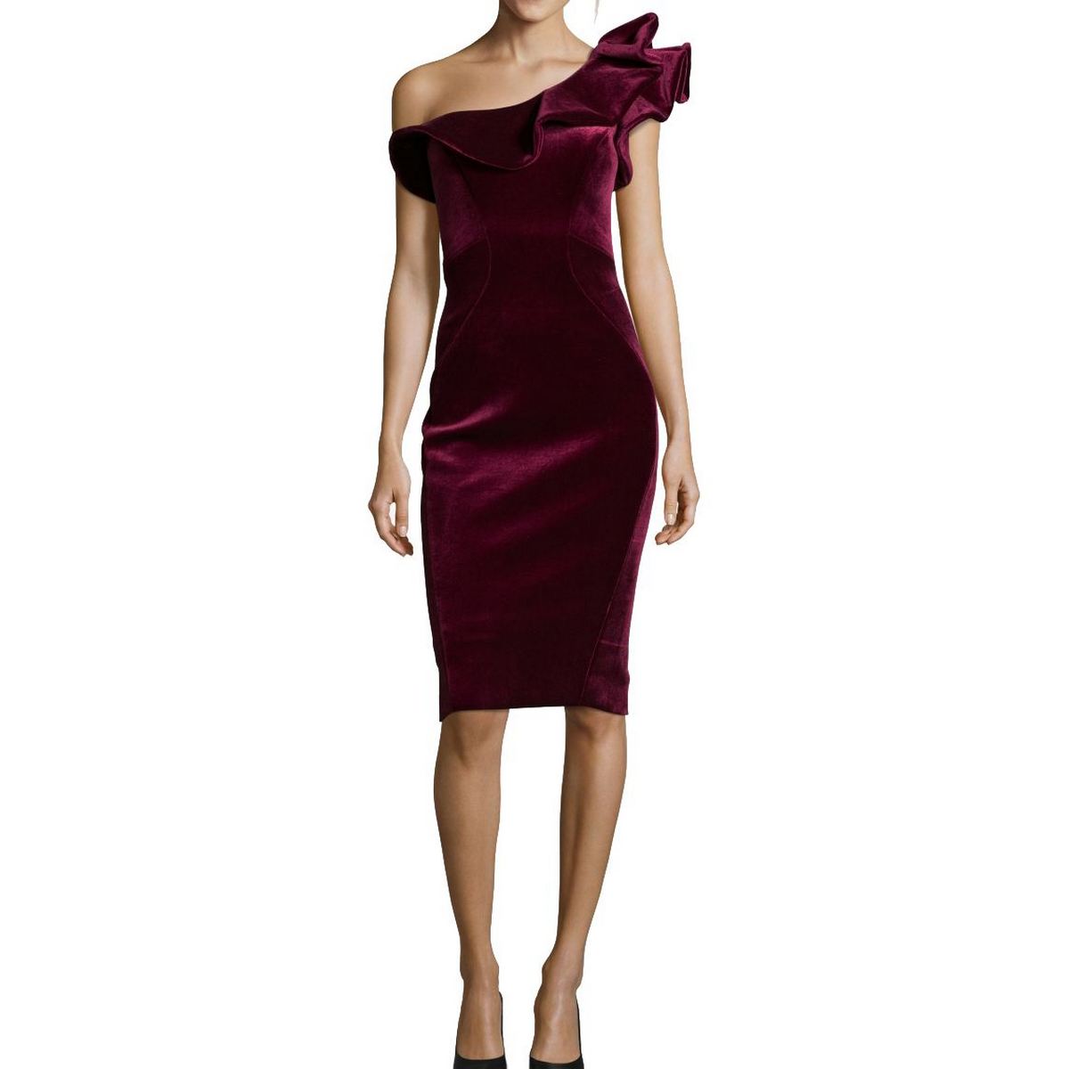 BETSY & ADAM Women's Burgundy Ruffled Velvet One-shoulder Sheath Dress ...
