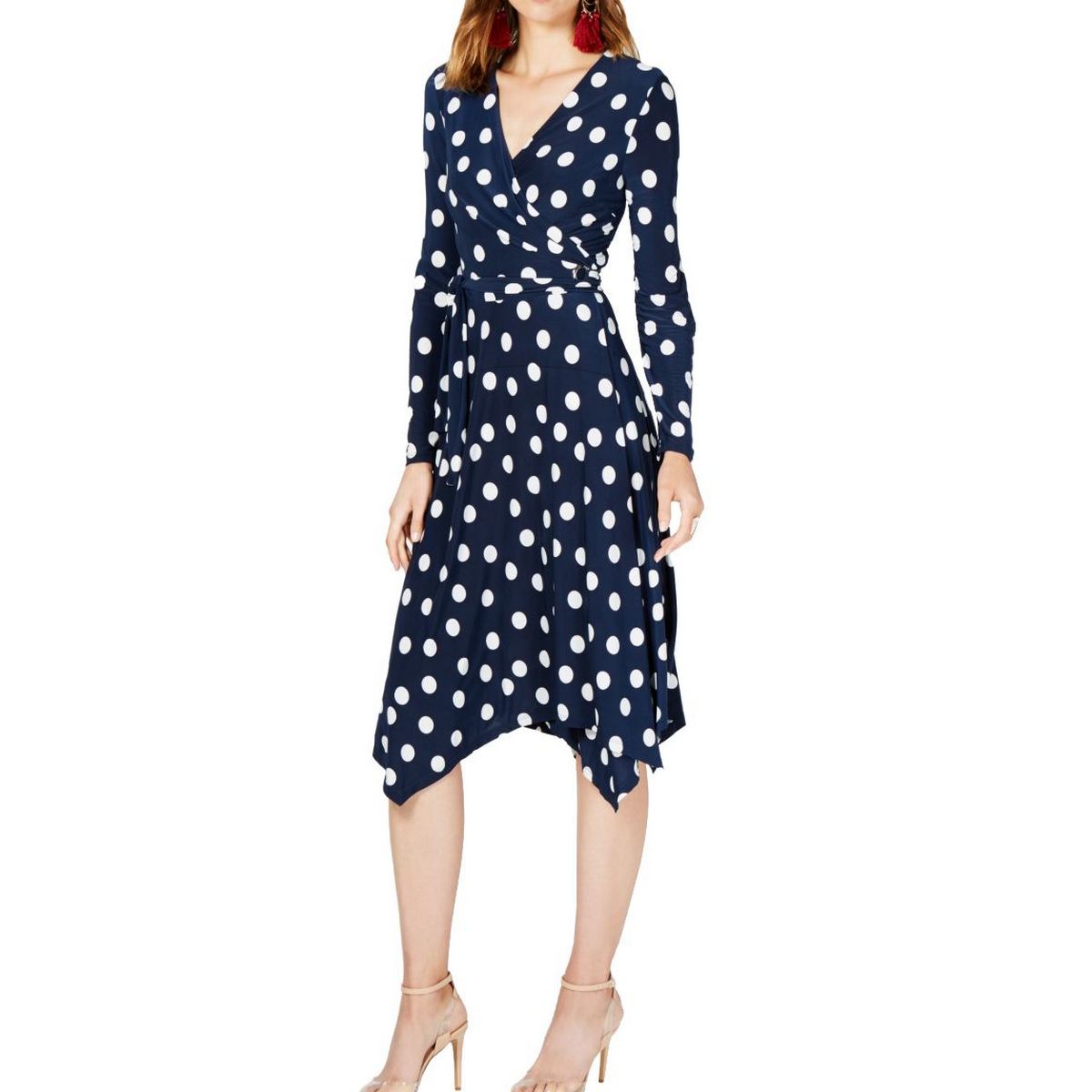 polka dot handkerchief wrap midi dress