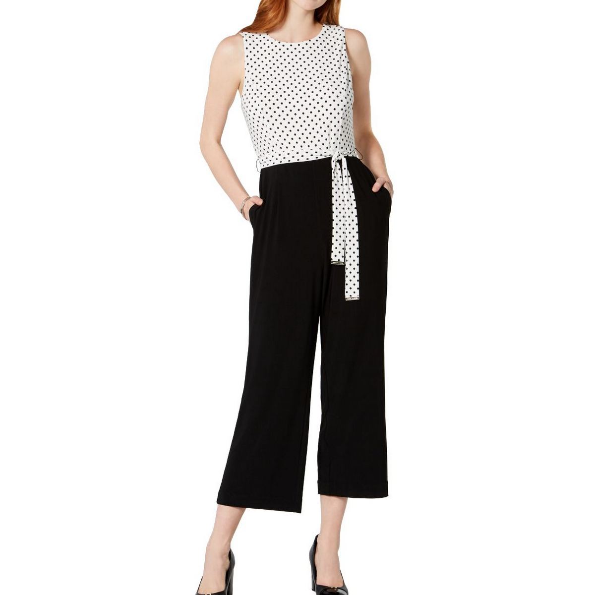 TOMMY HILFIGER NEW Women's Ivory/black Dotted Tie Waist Cropped ...