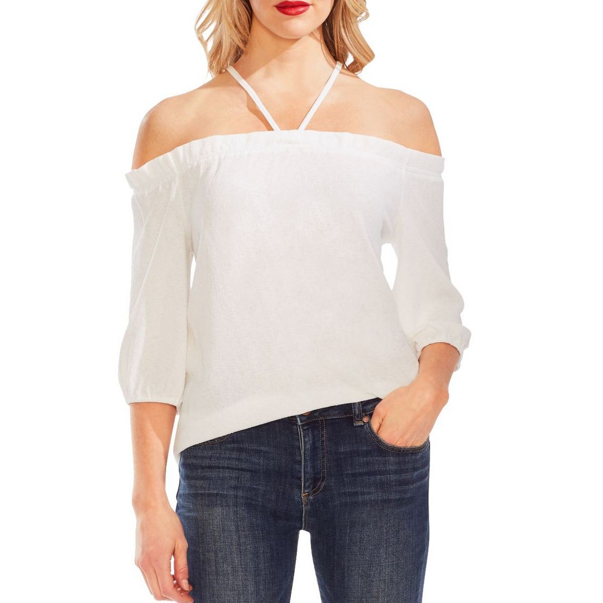 Vince Camuto Womens Ivory Off-the-shoulder Tie Back Shirt Top S 