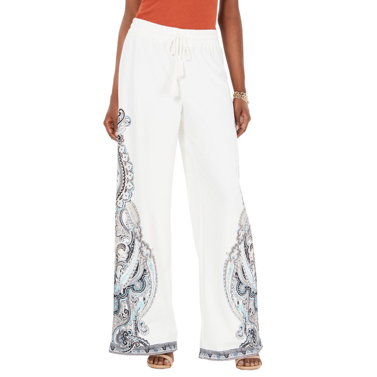 INC Women's Ivory Multi Paisley Midrise Wide-leg Drawstring Palazzo Pants L TEDO | eBay