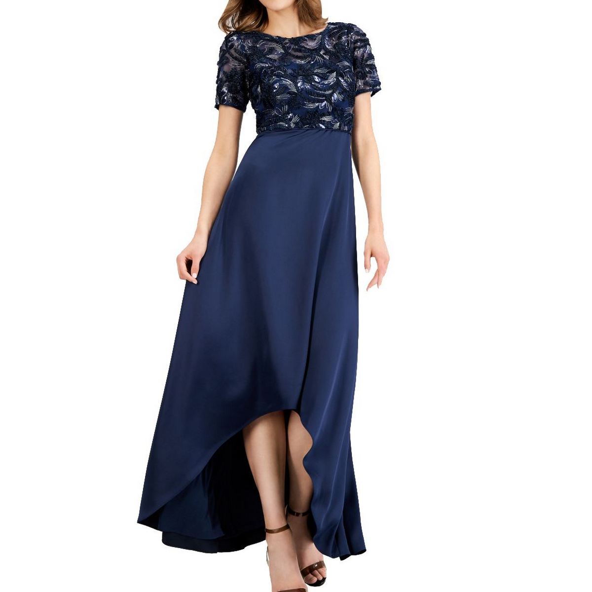 Adrianna Papell Womens Metallic Embroidered Evening Dress Navy 4 Adrianna Papell Womens Metallic Embroidered Evening Dress Navy 4