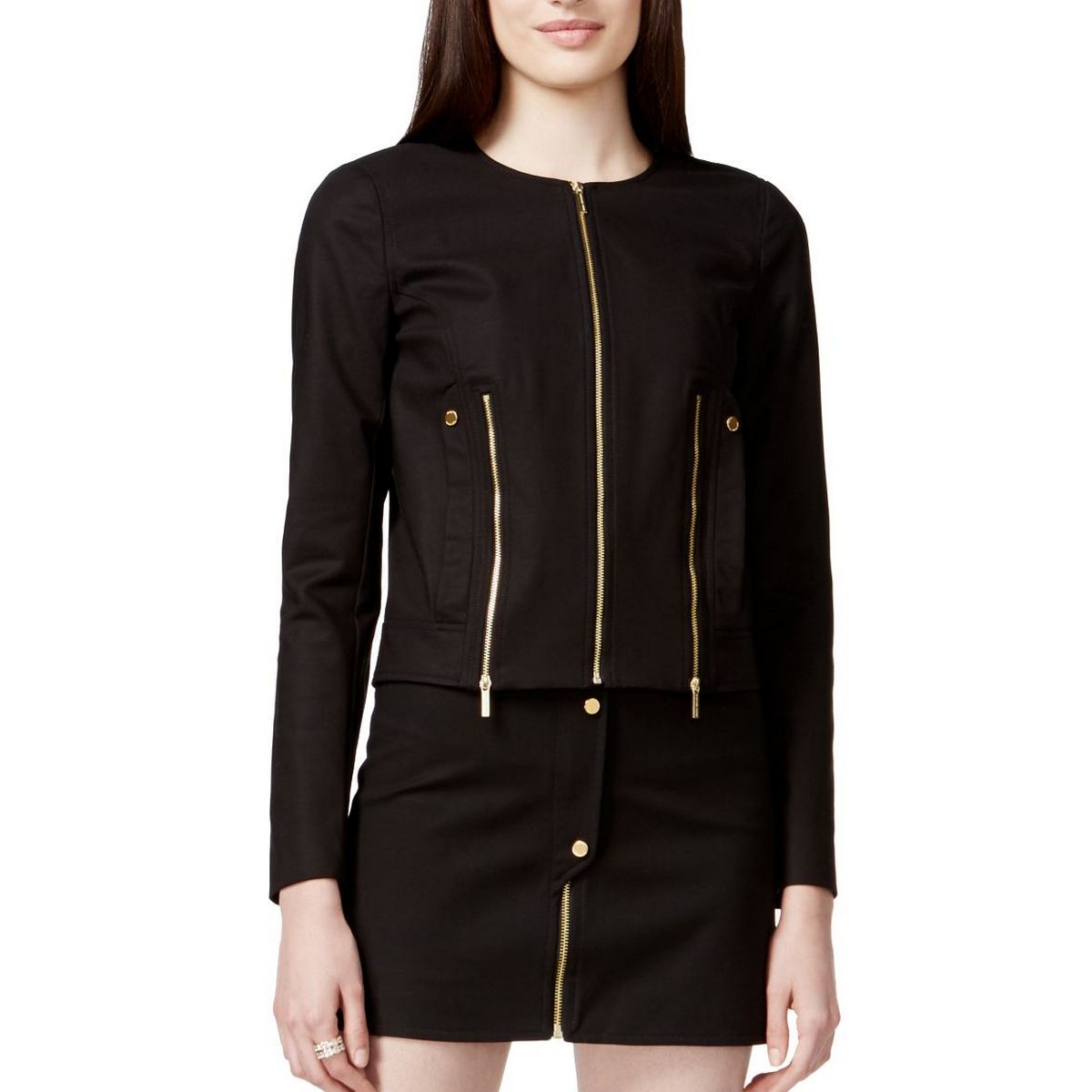 MICHAEL KORS NUOVO Giacca Top Donna Nero Cotone Tinta Unita Dettaglio Cerniera 2 TEDO