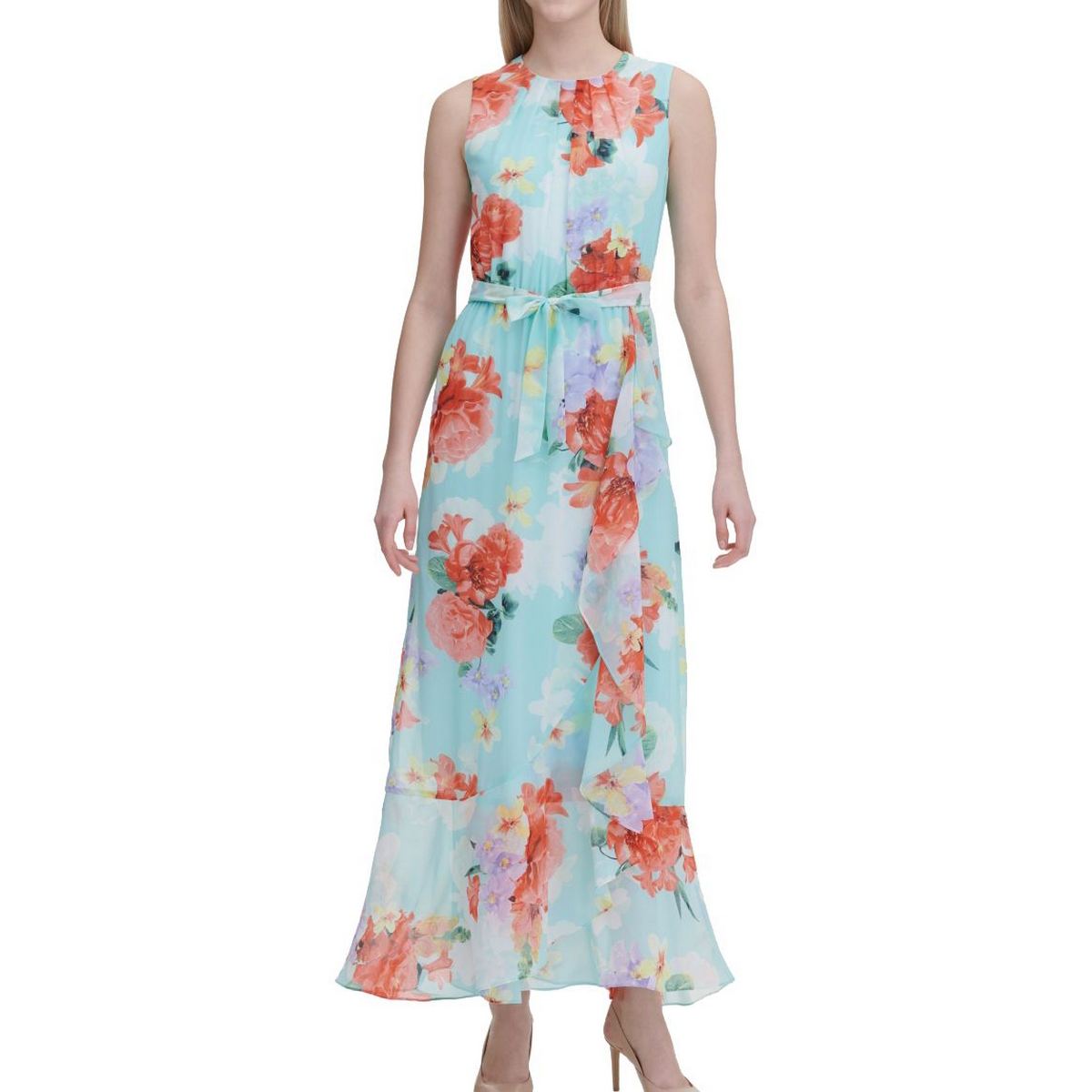 CALVIN KLEIN NEW Women's Blue Belted Floral Print Maxi Dress 12 TEDO ...