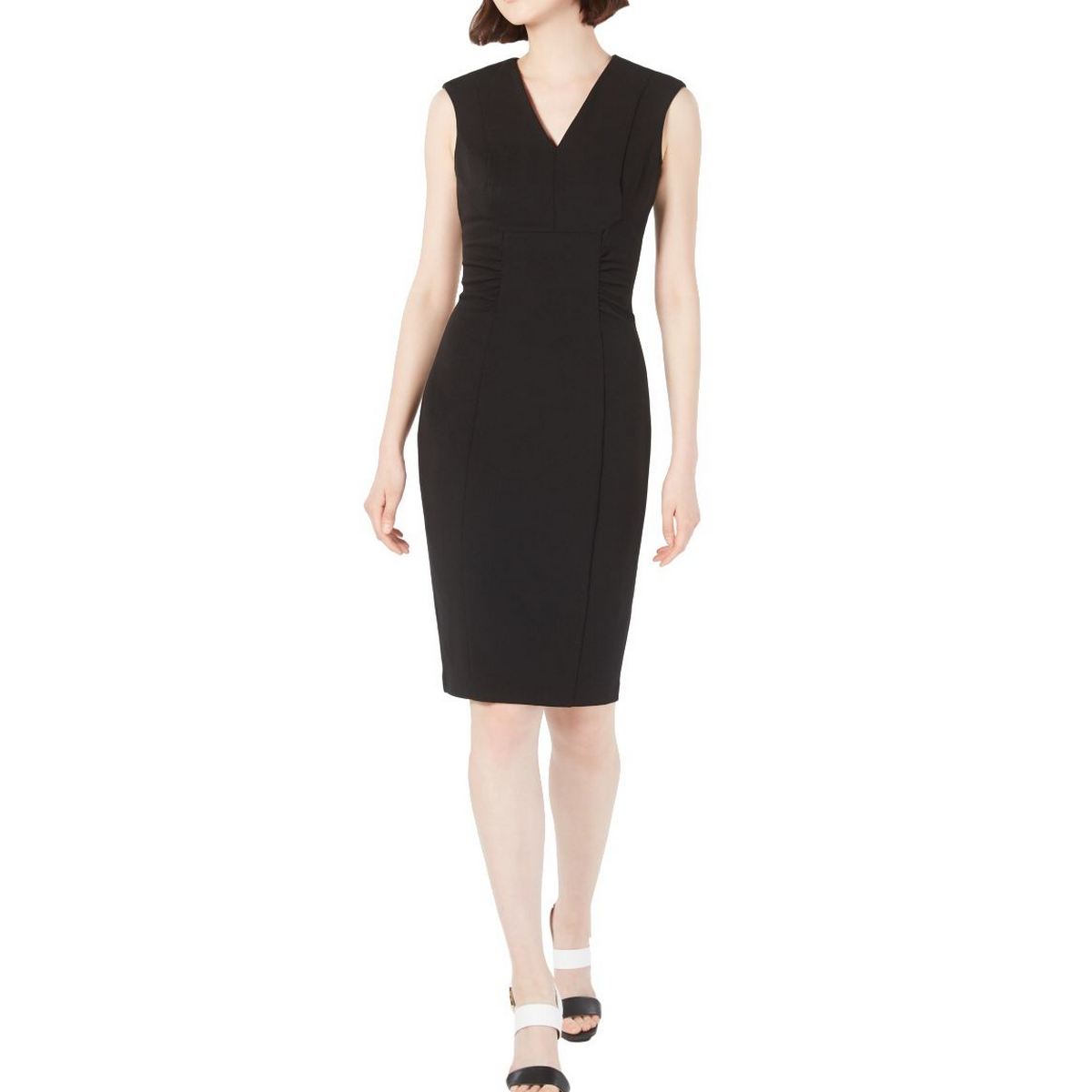 CALVIN KLEIN NEW Women's Black Side-waist-ruched V-neck Sheath Dress 10 ...