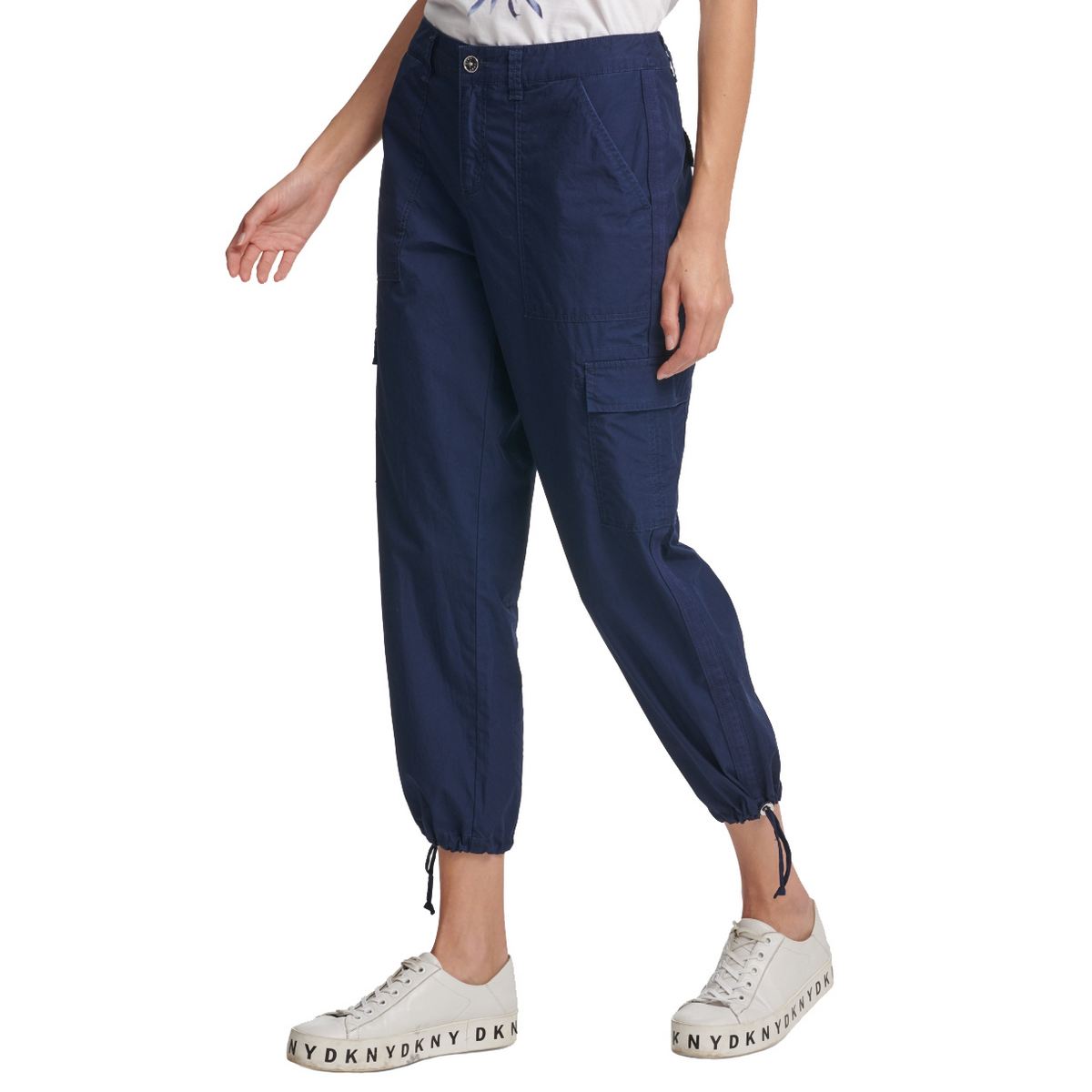 DKNY NEW Women's Navy Cotton Drawstring-hem Cropped Cargo Pants 12 TEDO ...
