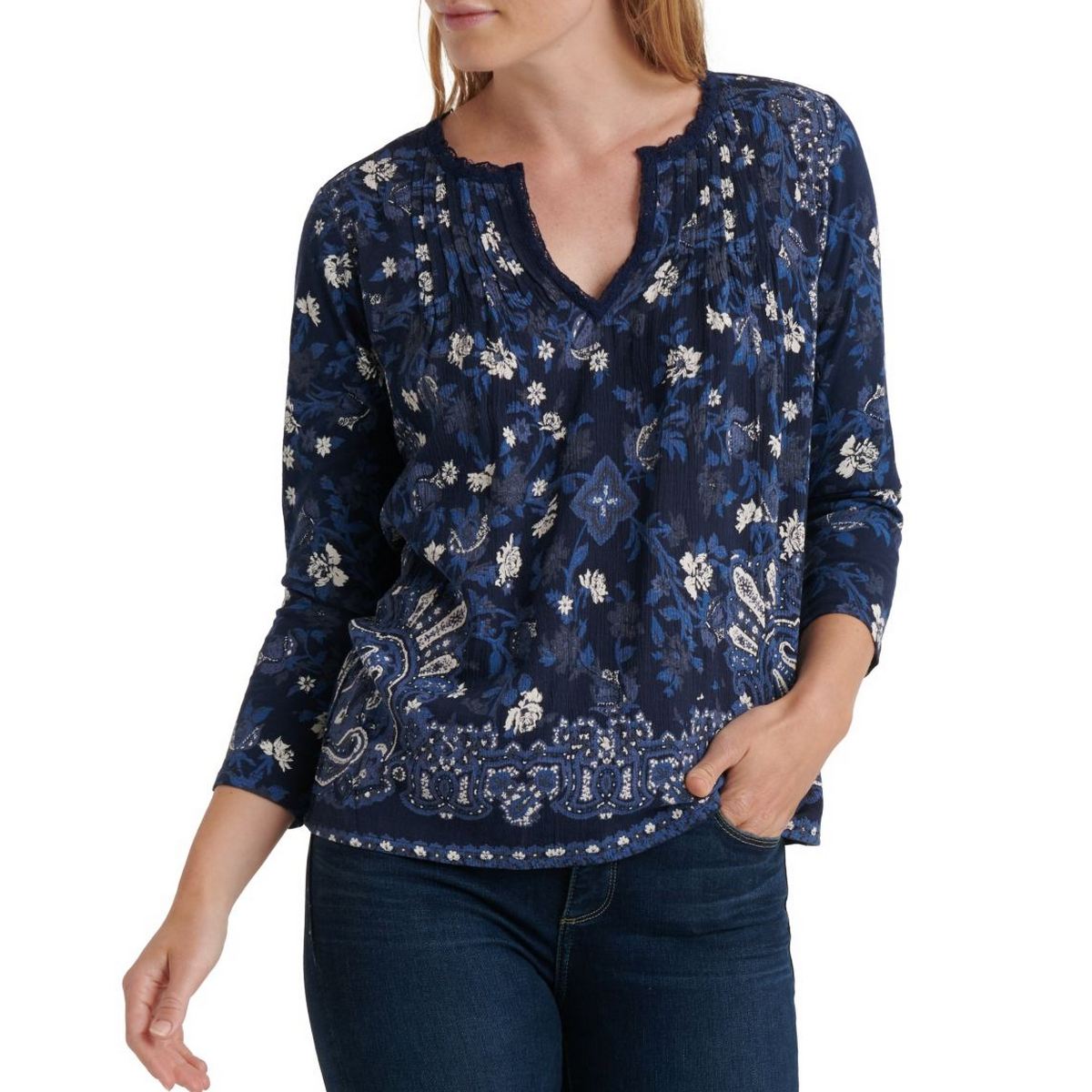 Lucky BRAND Womens Blouse Classic Blue Size XS Floral Split Neck 