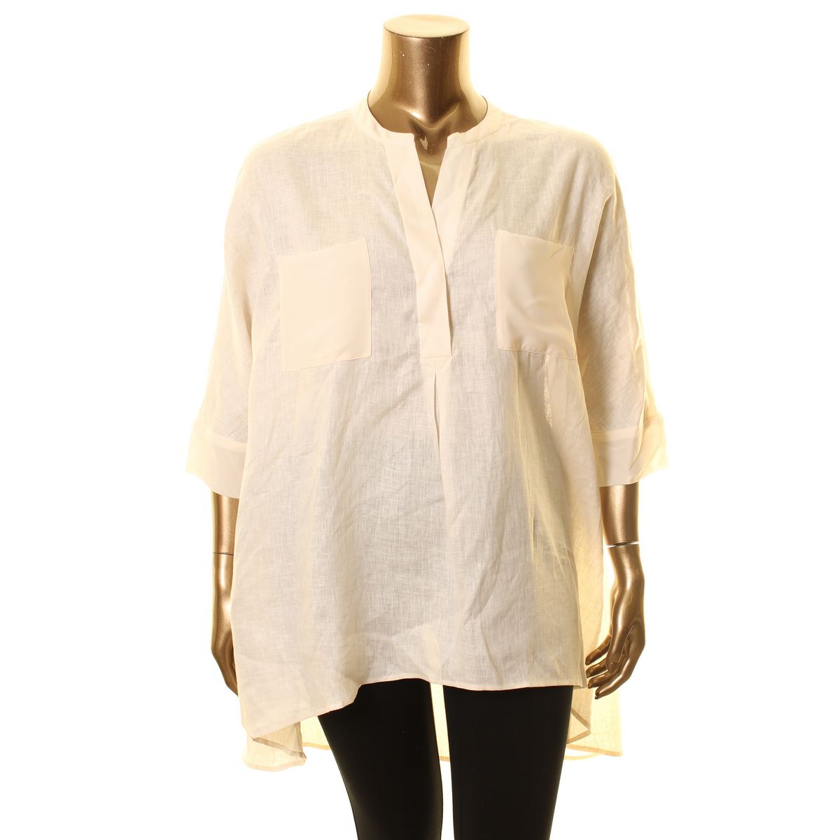 ANNE KLEIN Women's Anne White V Split-neck Linen Hi-lo Tunic Shirt Top ...