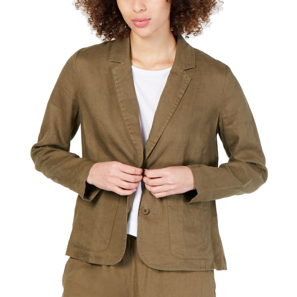 EILEEN FISHER Women's Olive Green Organic Linen Unlined Blazer Jacket