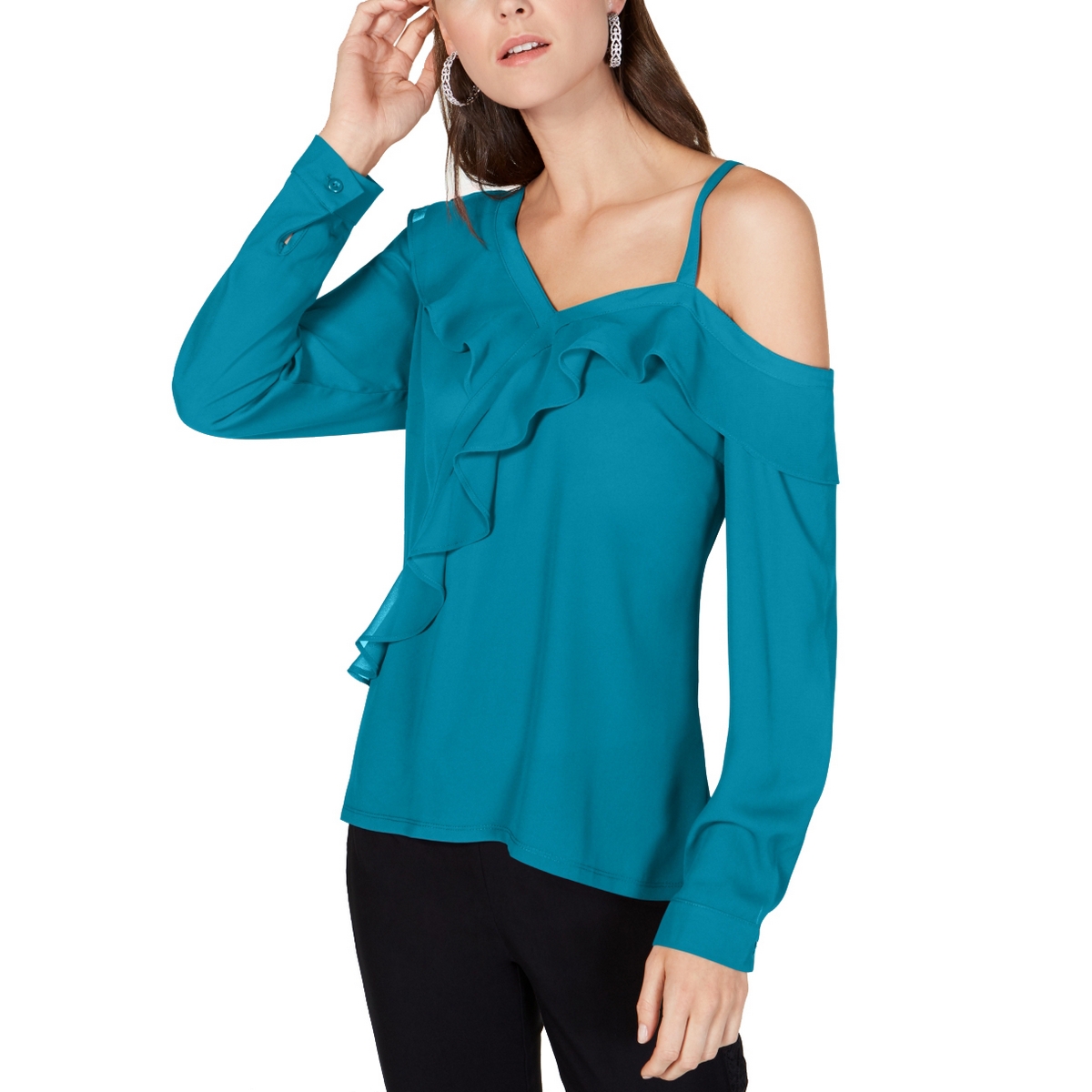INC Women's Caribbean Blue Ruffled Sheer Cold-shoulder Blouse Shirt Top ...