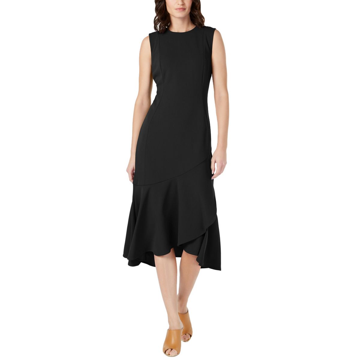 CALVIN KLEIN NEW Women's Black Ruffle Hem Midi Fit & Flare Dress 6 TEDO