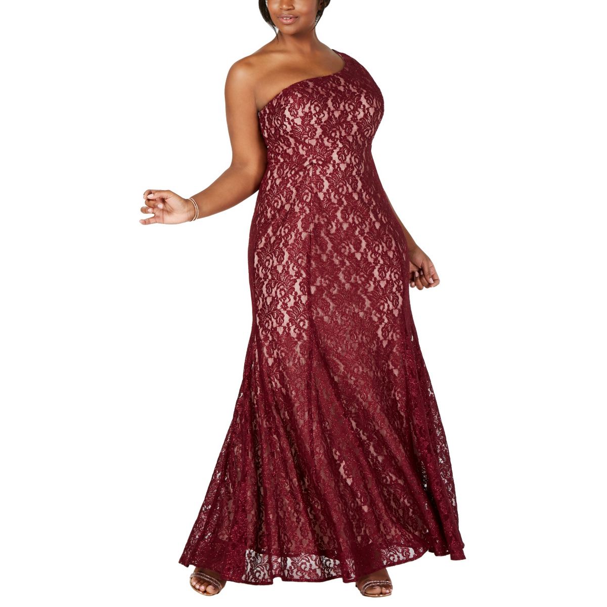 NIGHT WAY Women's Merlot/nude Plus One-shoulder Glitter Lace Gown Dress 14W  TEDO