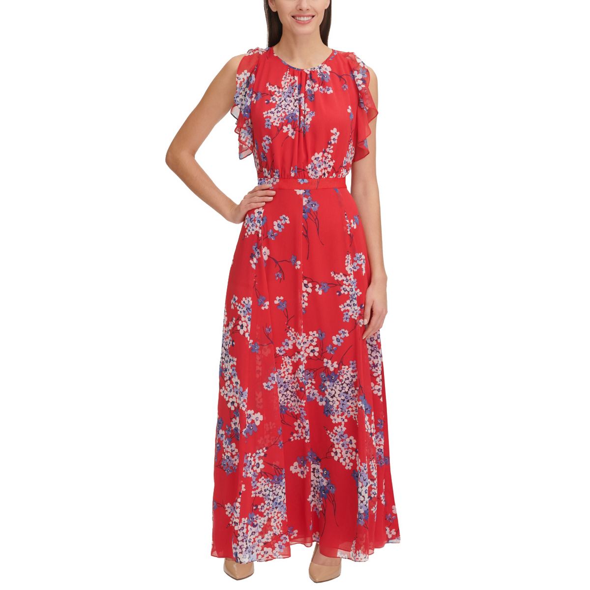 TOMMY HILFIGER WOMEN'S Eloise Floral Chiffon Flutter Sleeve Maxi Dress ...