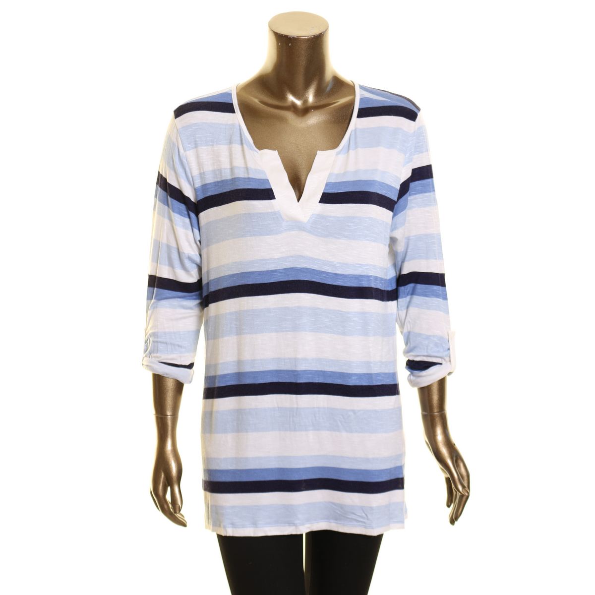 LEO & NICOLE Women's Striped Split-neck Tee Casual Shirt Top TEDO - Picture 7 of 8