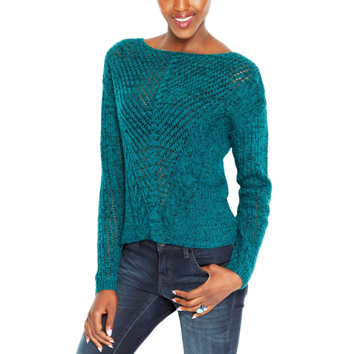 BAR III NEW Women's Sea cove combo Cable-knit Open-eyelet Sweater Top XL  TEDO