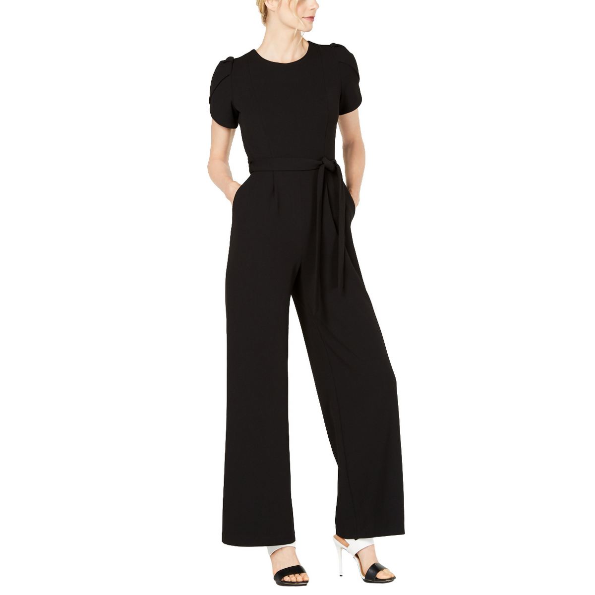 CALVIN KLEIN NEW Women's Black Solid Puff-sleeve Belted Jumpsuit 12 ...