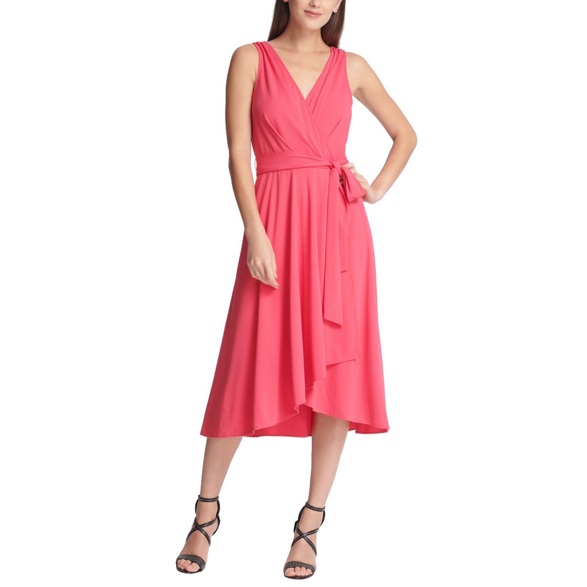 DKNY NEW Women's Hot Pink Jersey Belted Handkerchief Faux Wrap Dress 14 ...