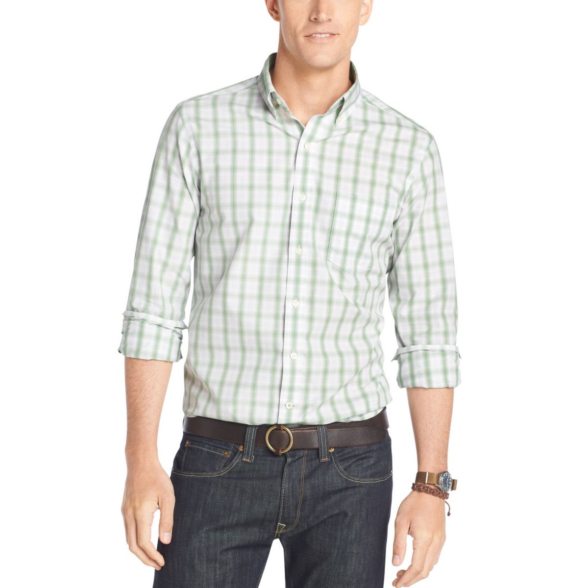 IZOD NEW Men's Seacrest Green Medium-plaid Cotton Button-Front Shirt M TEDO - Picture 1 of 2