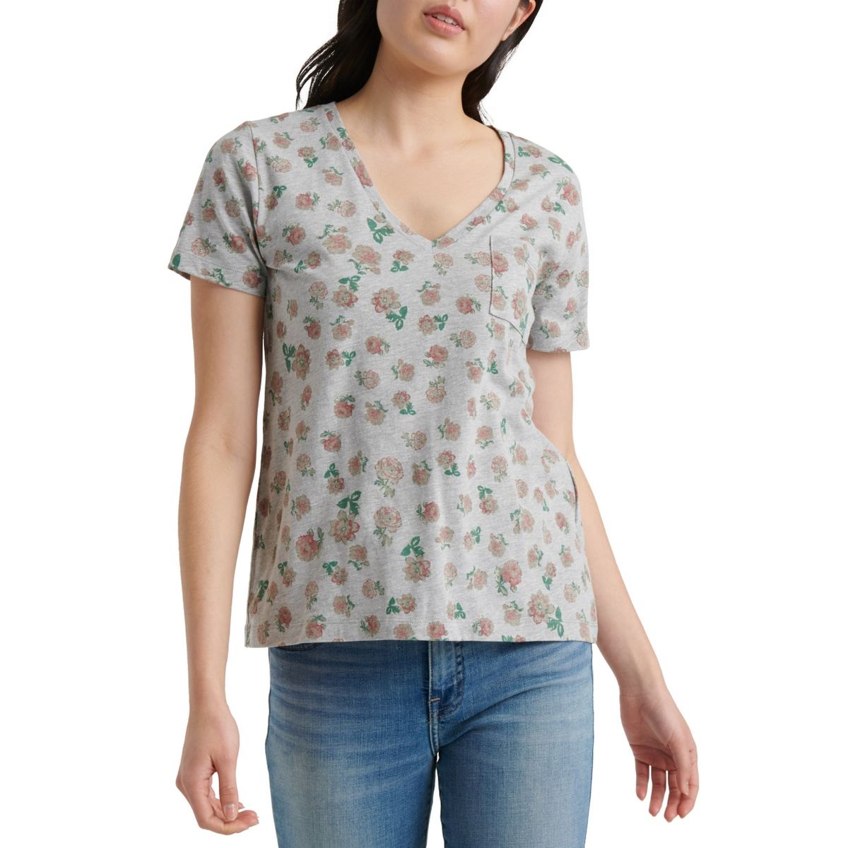LUCKY BRAND NEW Women's Heather Grey Floral V-neck Tee Casual Shirt Top XS  TEDO