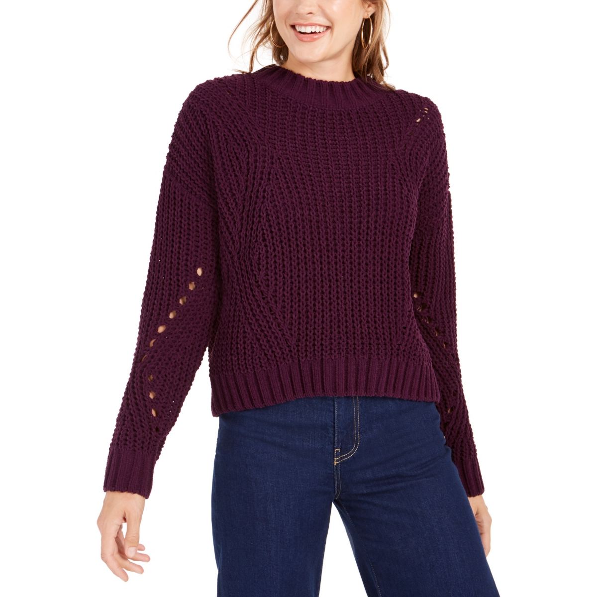 WYNTER Women's Pointelle Open Knit Chenille Mock Neck Sweater Top TEDO