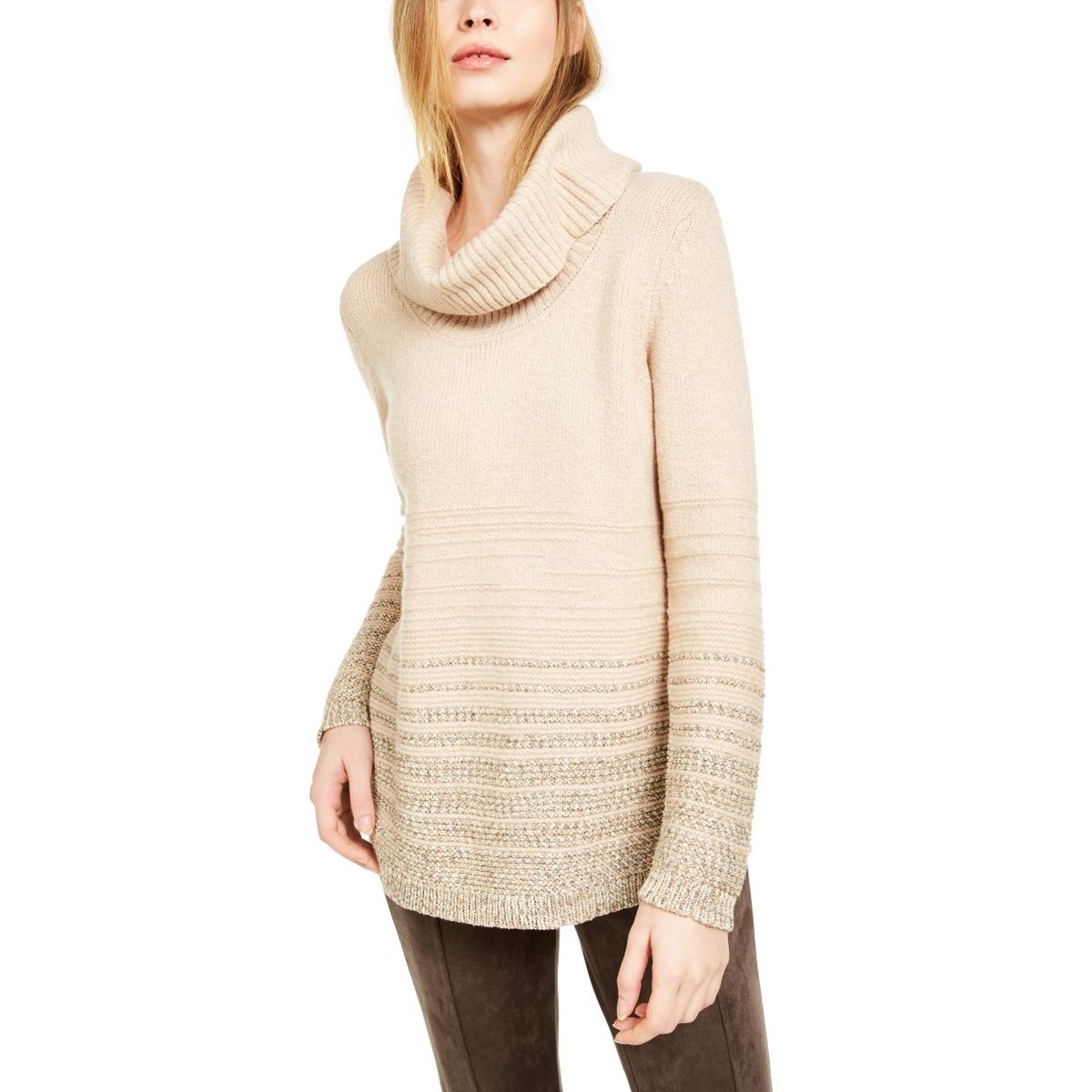 CALVIN KLEIN Women's Metallic Striped Mixed Knit Turtleneck Sweater Top M  TEDO | eBay