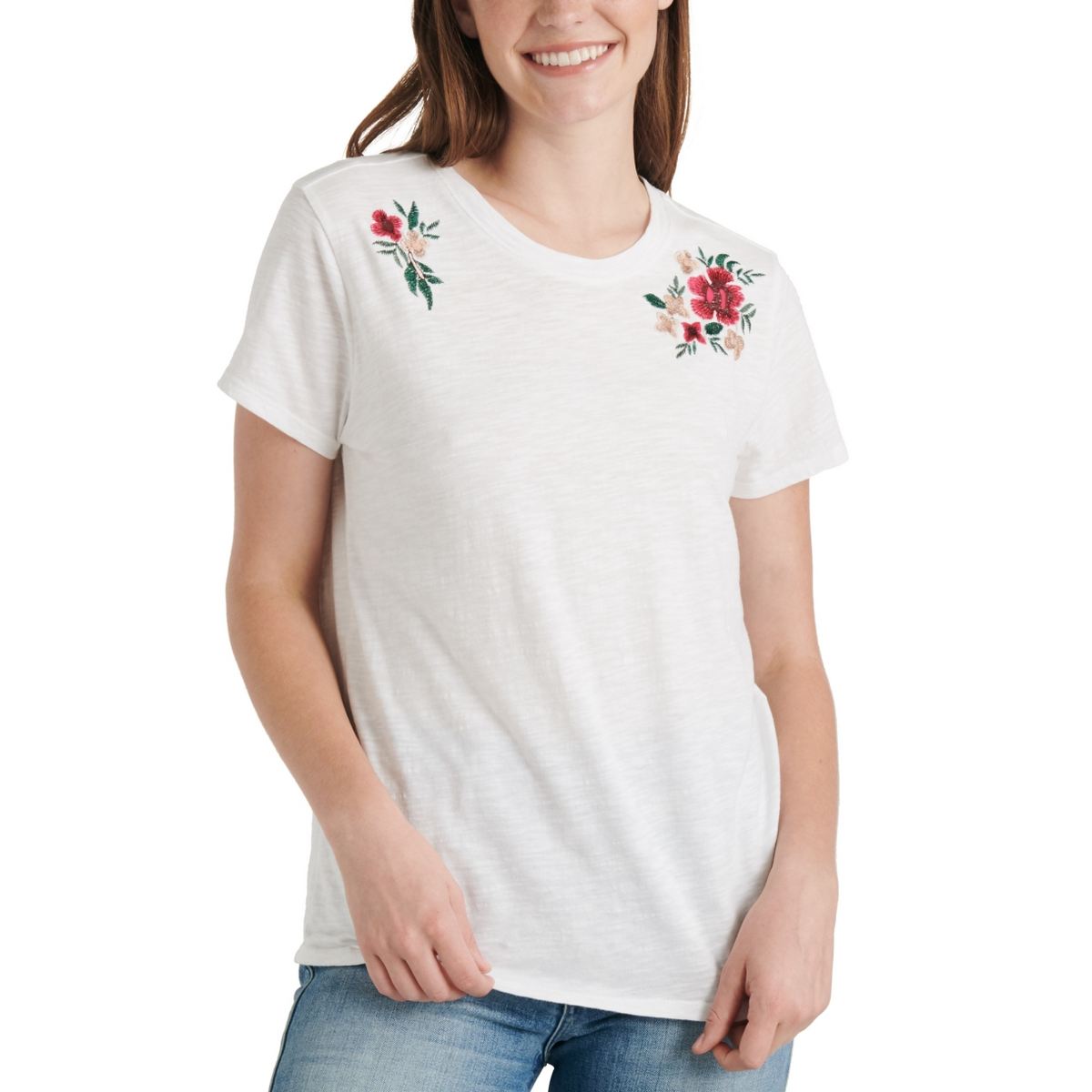 Lucky Brand Womens Embroidered Basic T-Shirt, White, Medium