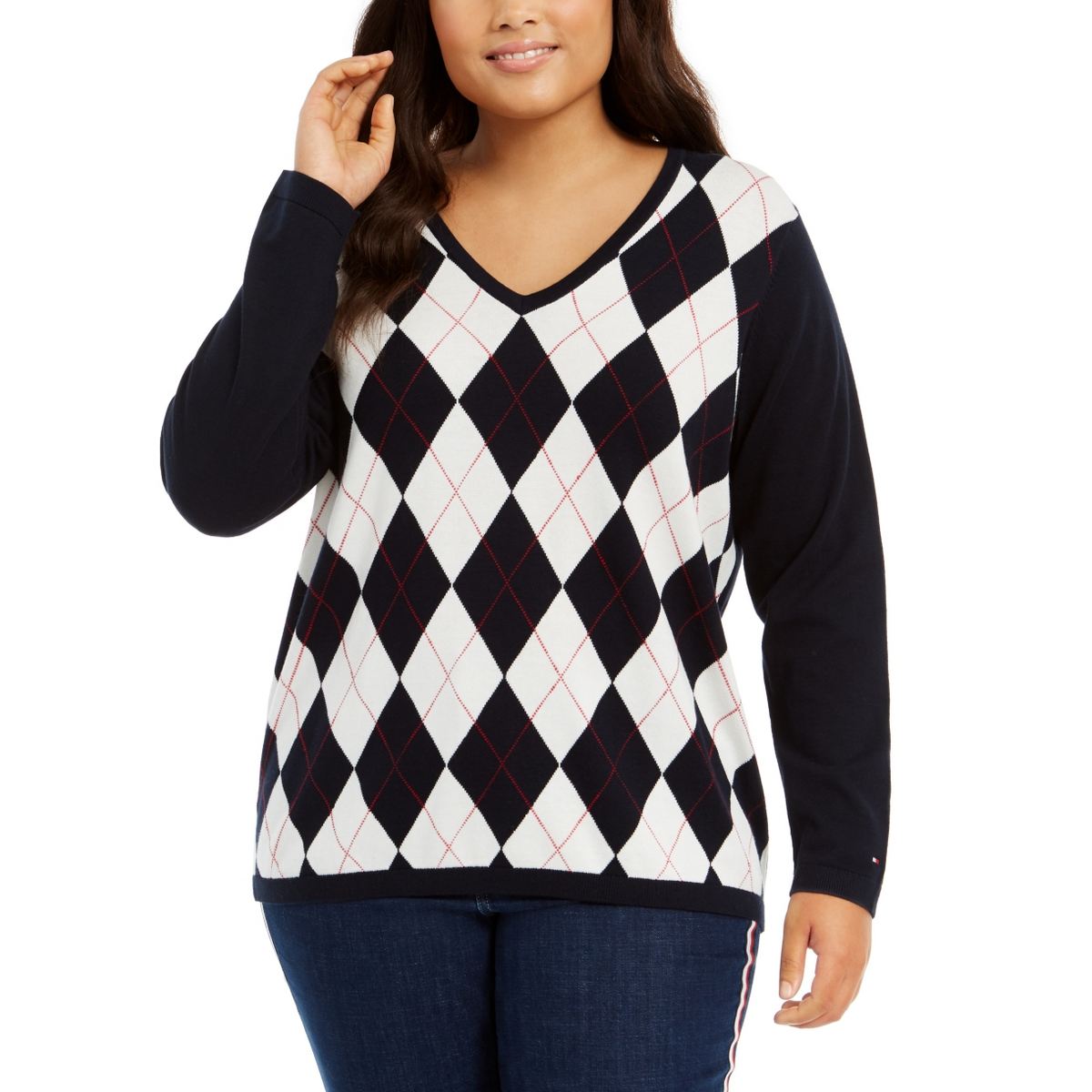 TOMMY HILFIGER NEW Women's Plus Size Argyle Front V-Neck Sweater Top TEDO |