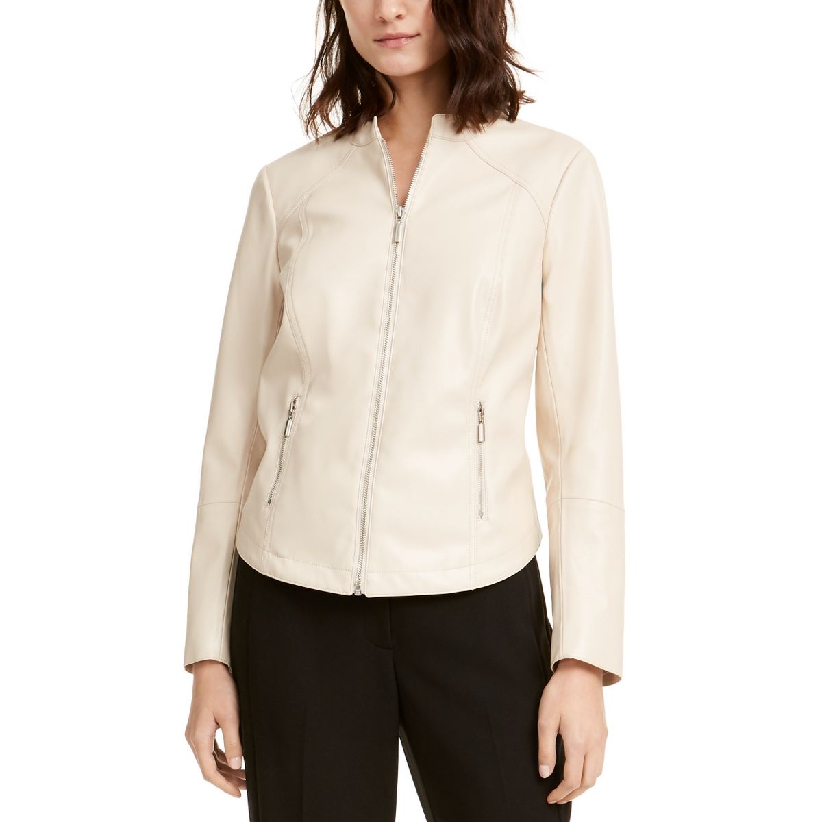 ALFANI Women's Cocoa Butter Faux-leather Zip-pocket Motorcycle Jacket Top L TEDO
