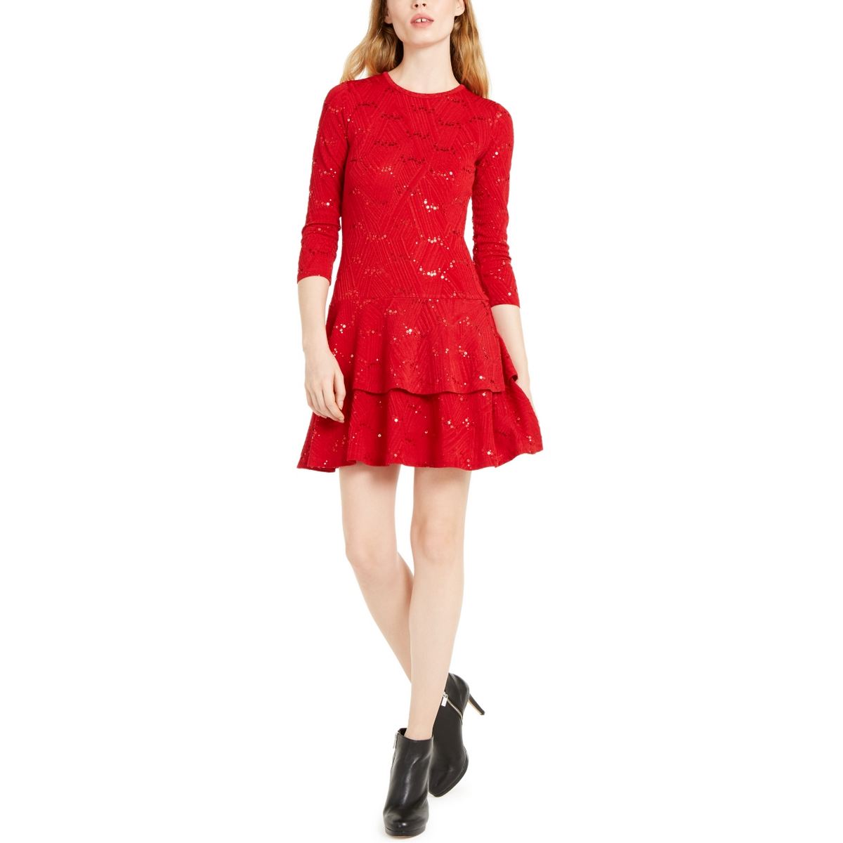 Michael Kors L Red Sequin Long Sleeve Tiered Ruffle Flare Dress for sale  online | eBay