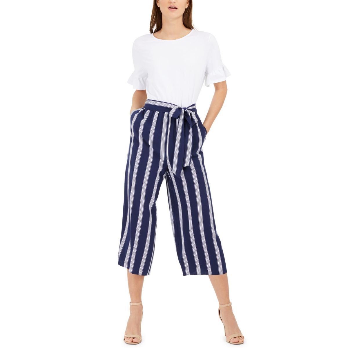 MAISON JULES Women’s Solid Striped-leg Combo Belted Jumpsuit TEDO